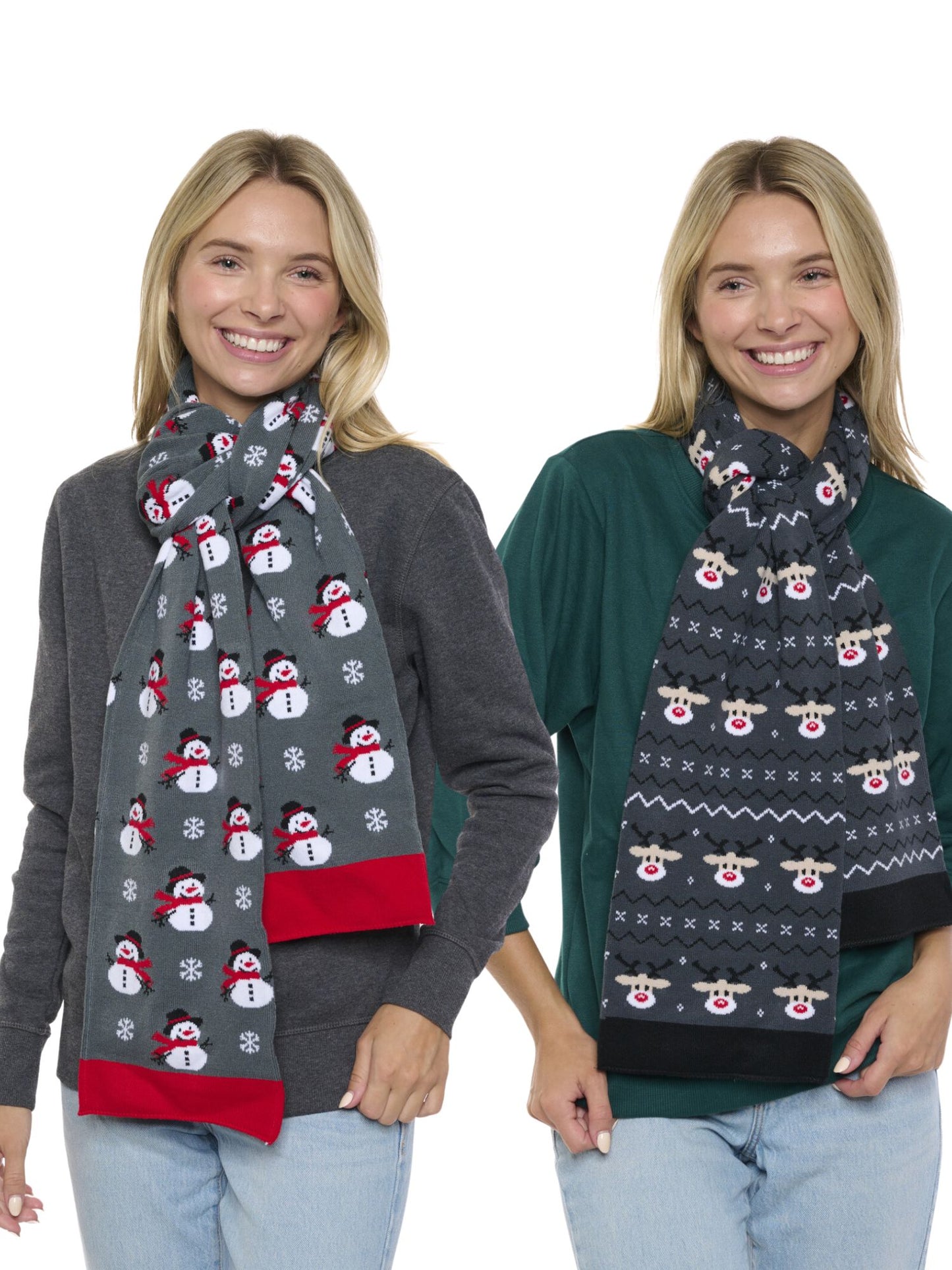 Holiday Scarves Gift Set Reindeer & Snowman Knit Scarves 70" Men Women 2-Pack