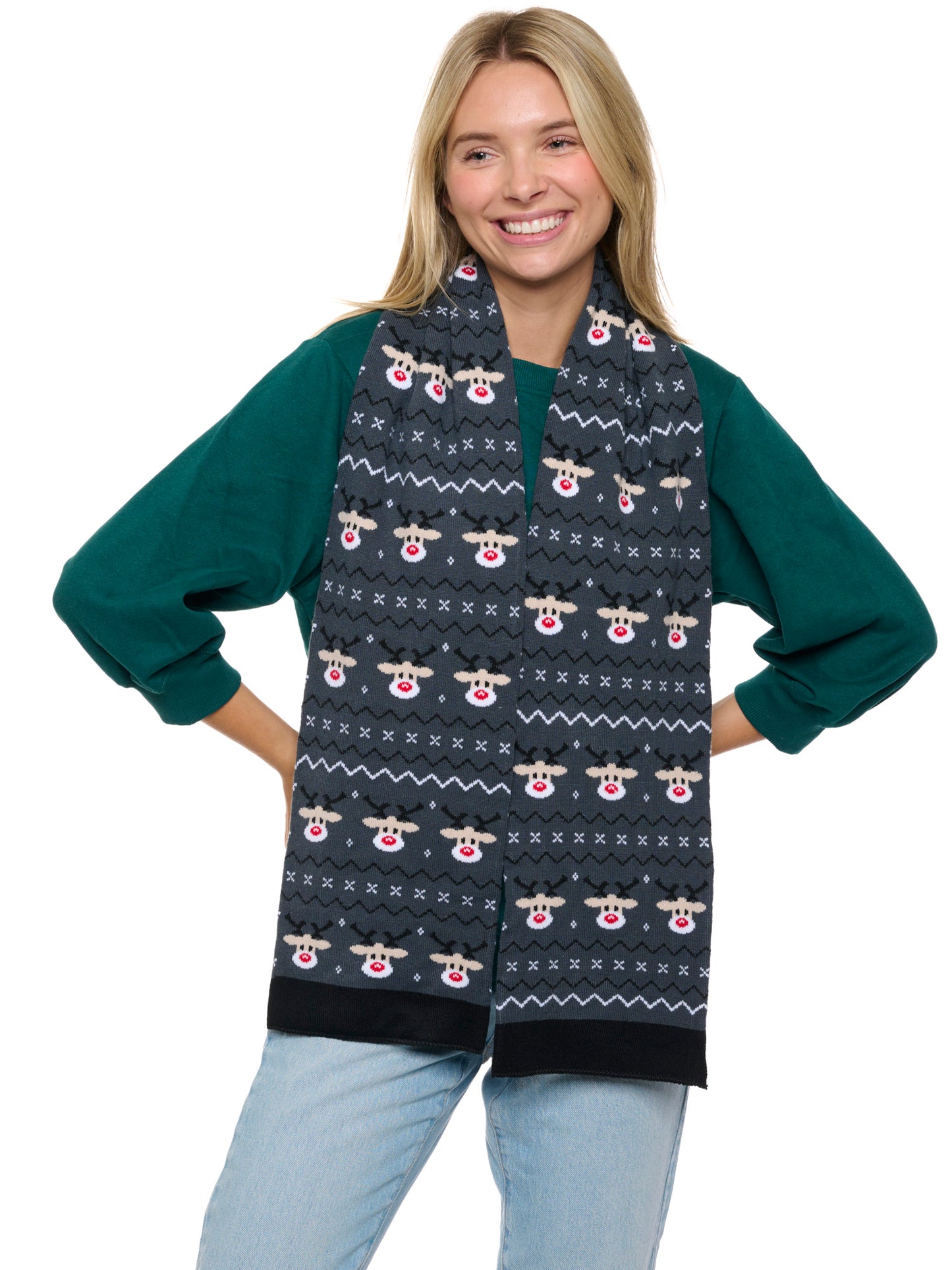 Mens Womens Christmas Reindeer Knit Scarf 70" Fair Isle Double Sided Print