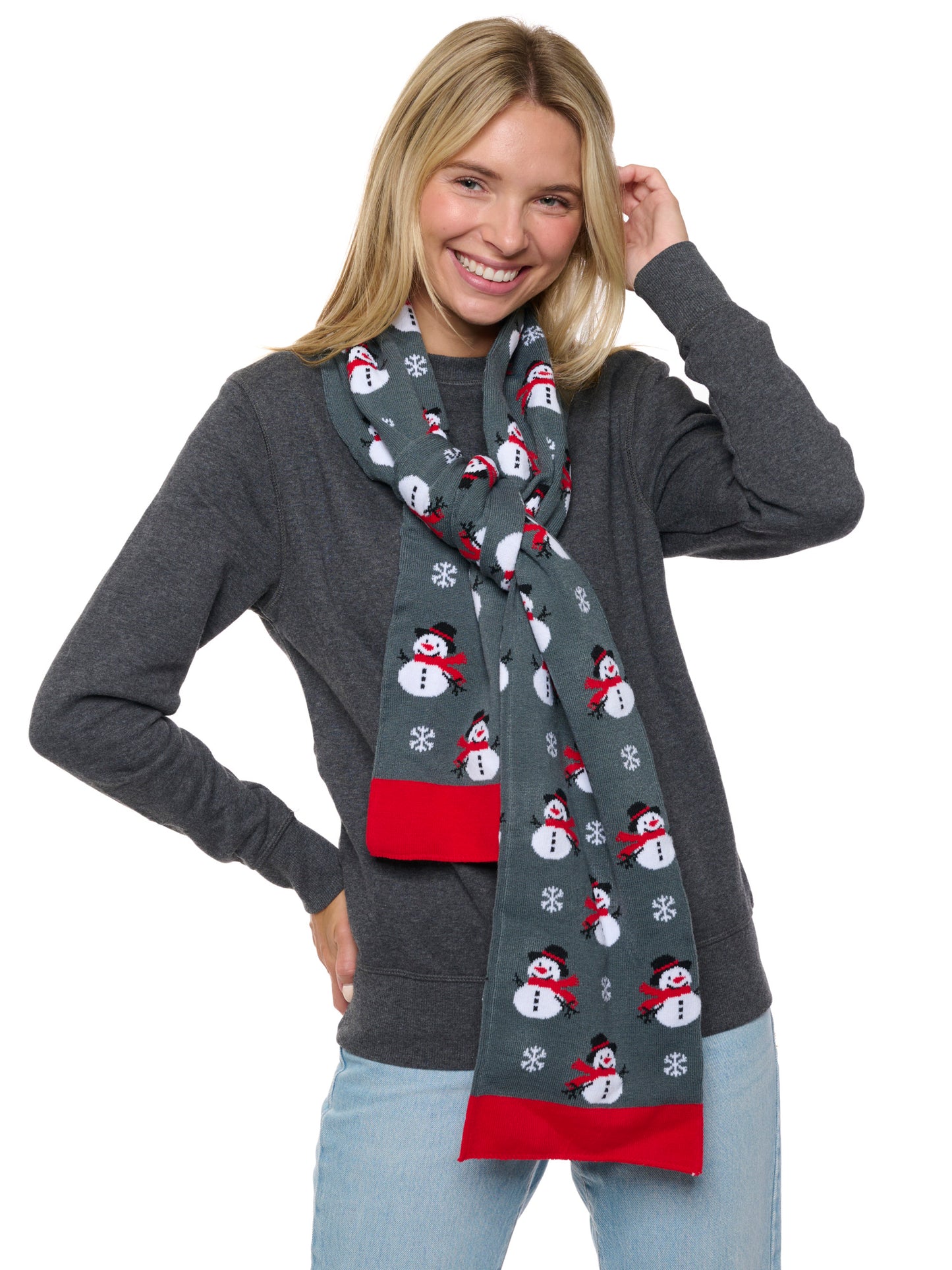 Mens Womens Christmas Snowman Scarf 70" Fair Isle Knit Double Sided Print