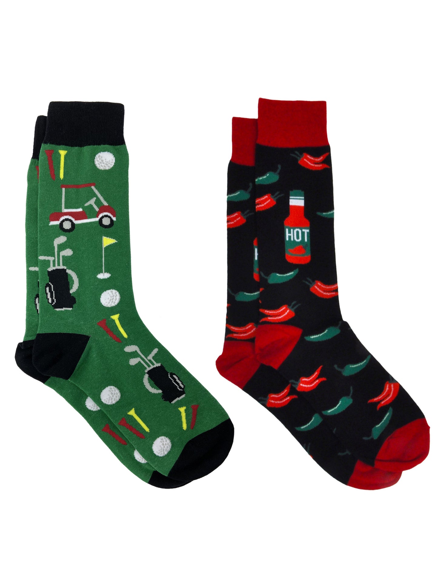 Men's Novelty Socks Golf Clubs Cart & Chili Peppers Hot Sauce