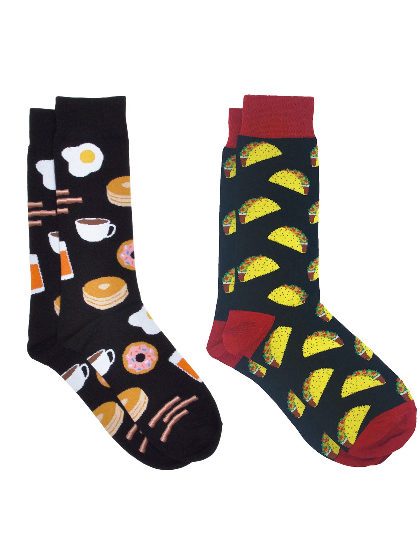 Men's Breakfast Foods Dress Socks & All-Over Taco Food Novelty Socks 2-Pair Set
