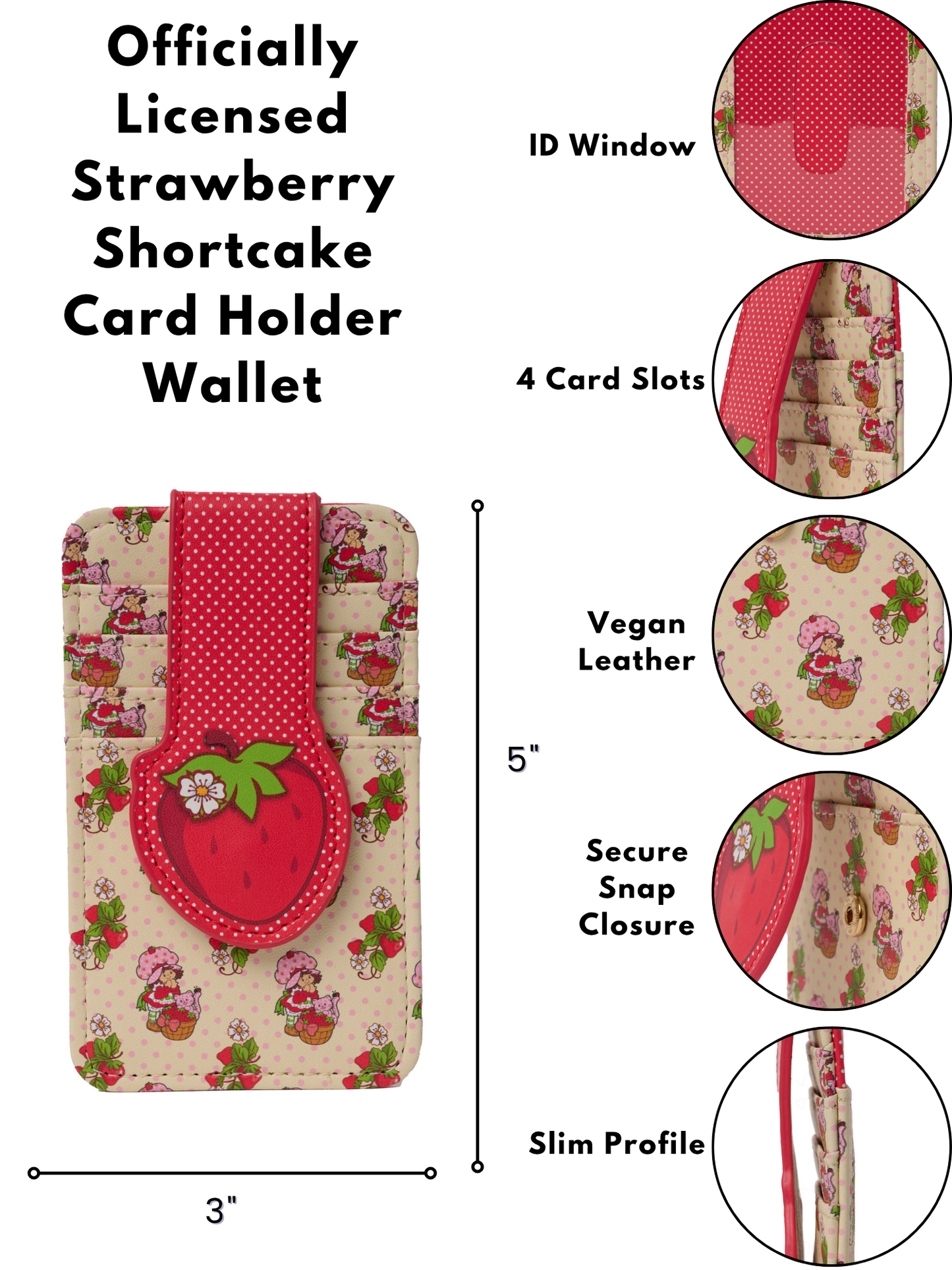 Womens Strawberry Shortcake Card Holder Wallet Button Snap Closure