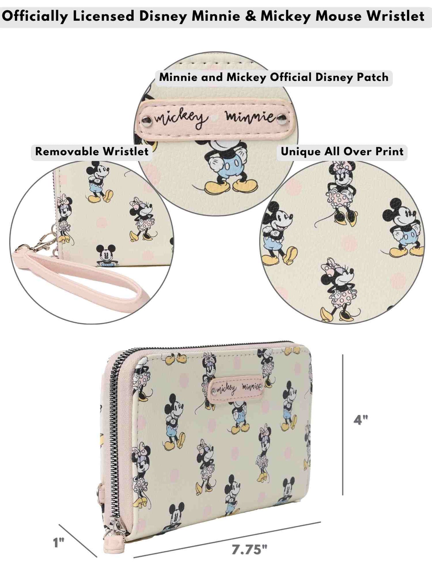 Disney Women's Mickey Minnie Mouse Zip Wallet All-Over Print Pastel Wristlet