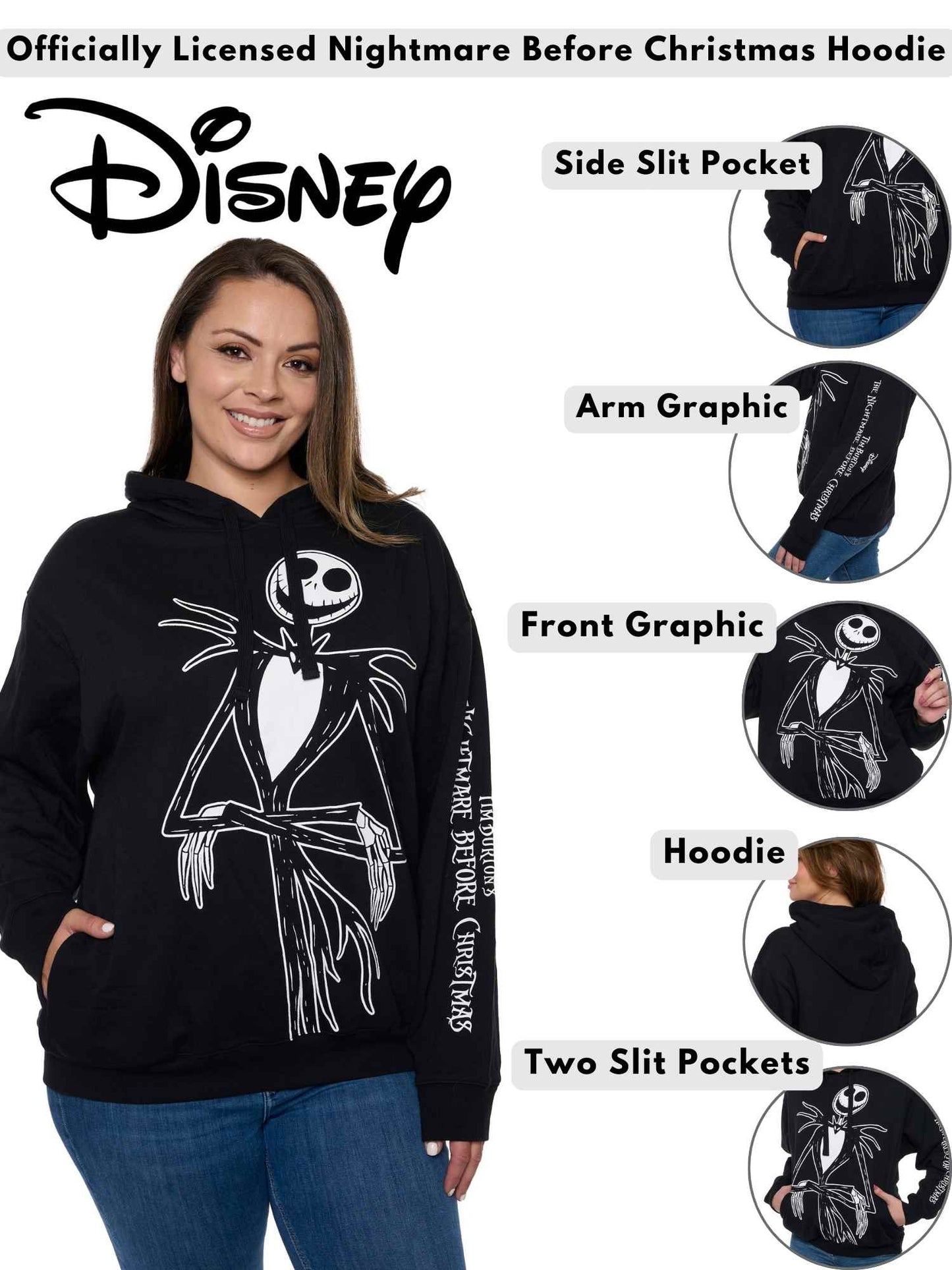 Womens Disney Jack Skellington Hoodie Pullover Nightmare Before Christmas Black