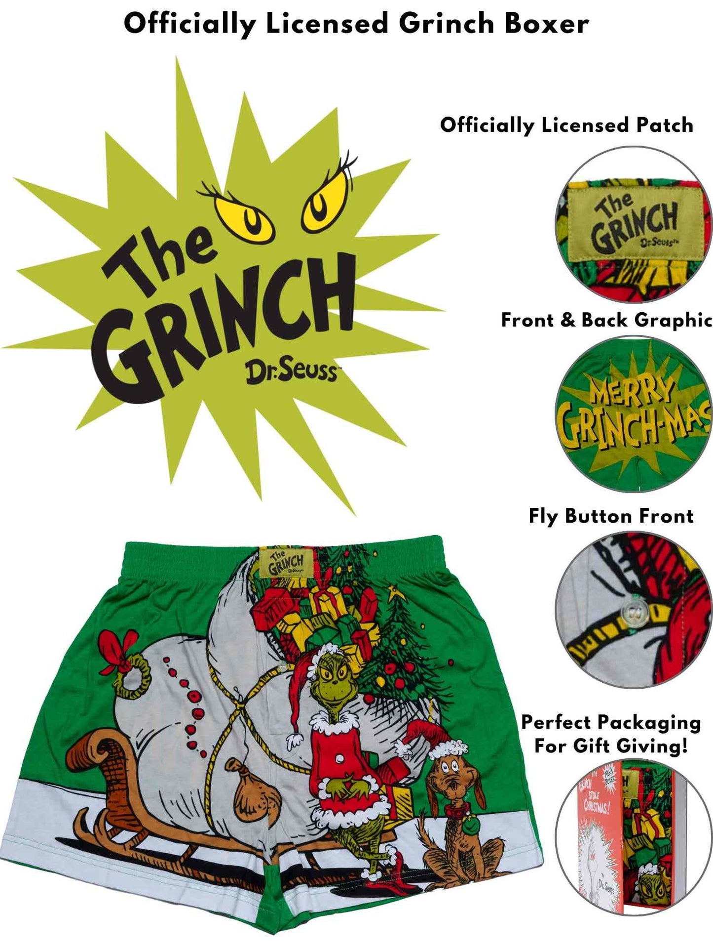 Dr. Seuss Grinch Boxers Shorts, Men's Slim Fit Grinchmas Christmas Sleepwear