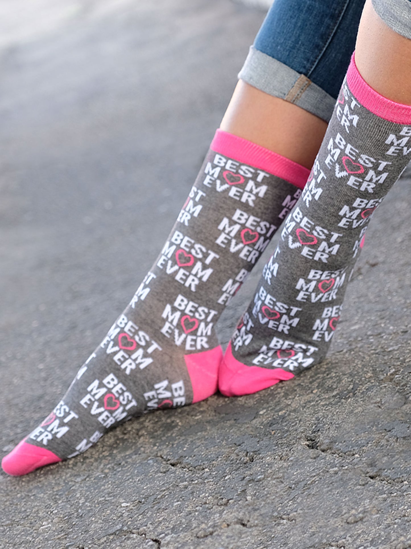 Women's Best Mom Ever Socks All-Over Print Novelty Crew Pink Gray