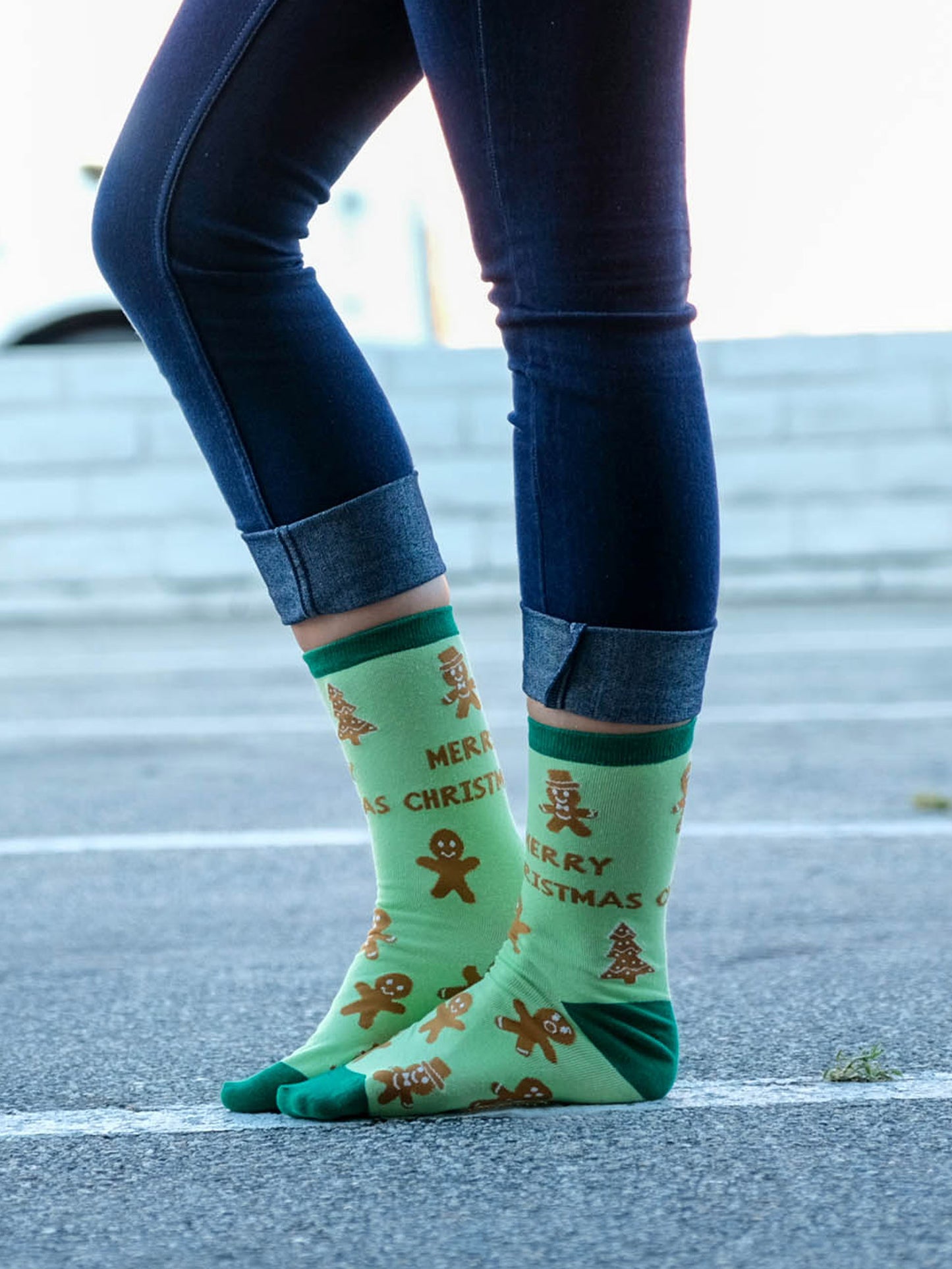 Women's Gingerbread Cookie Christmas Socks Novelty All-Over Print Green Crew