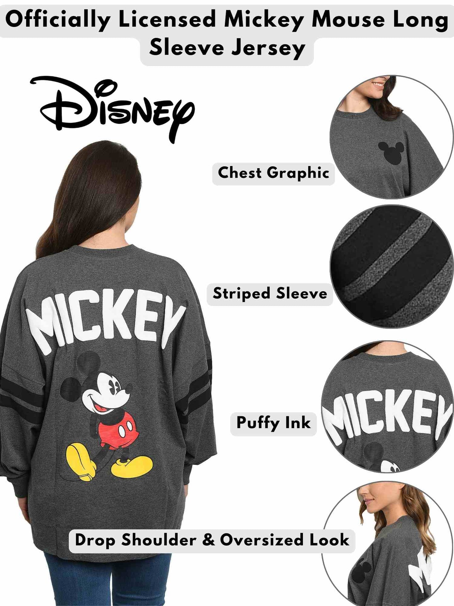 Mickey Mouse Sweatshirt Disney Womens Long Sleeve Oversized Jersey Charcoal Gray