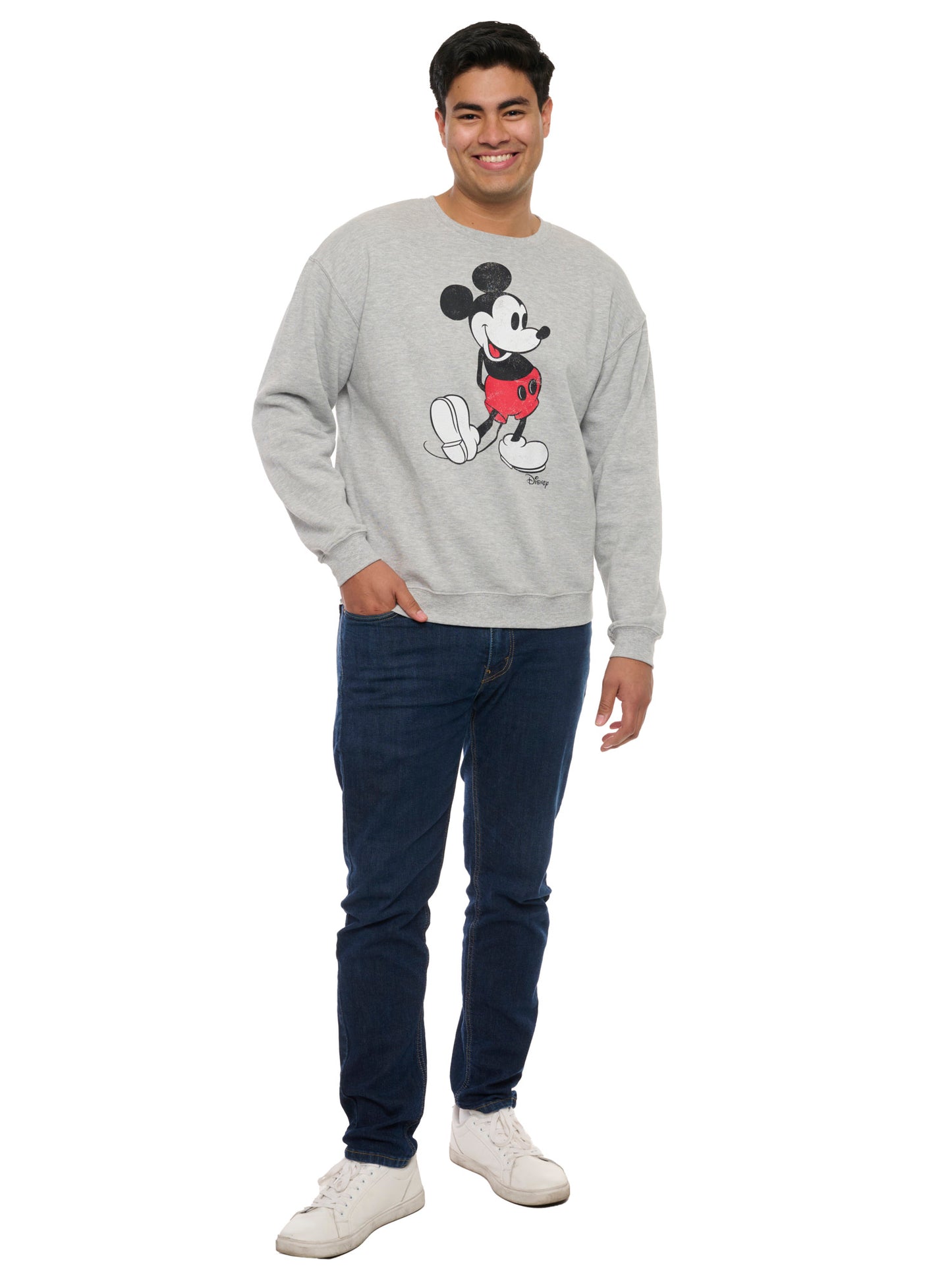 Men's Disney Mickey Mouse Crew Neck Sweatshirt Gray Distressed Classic Print