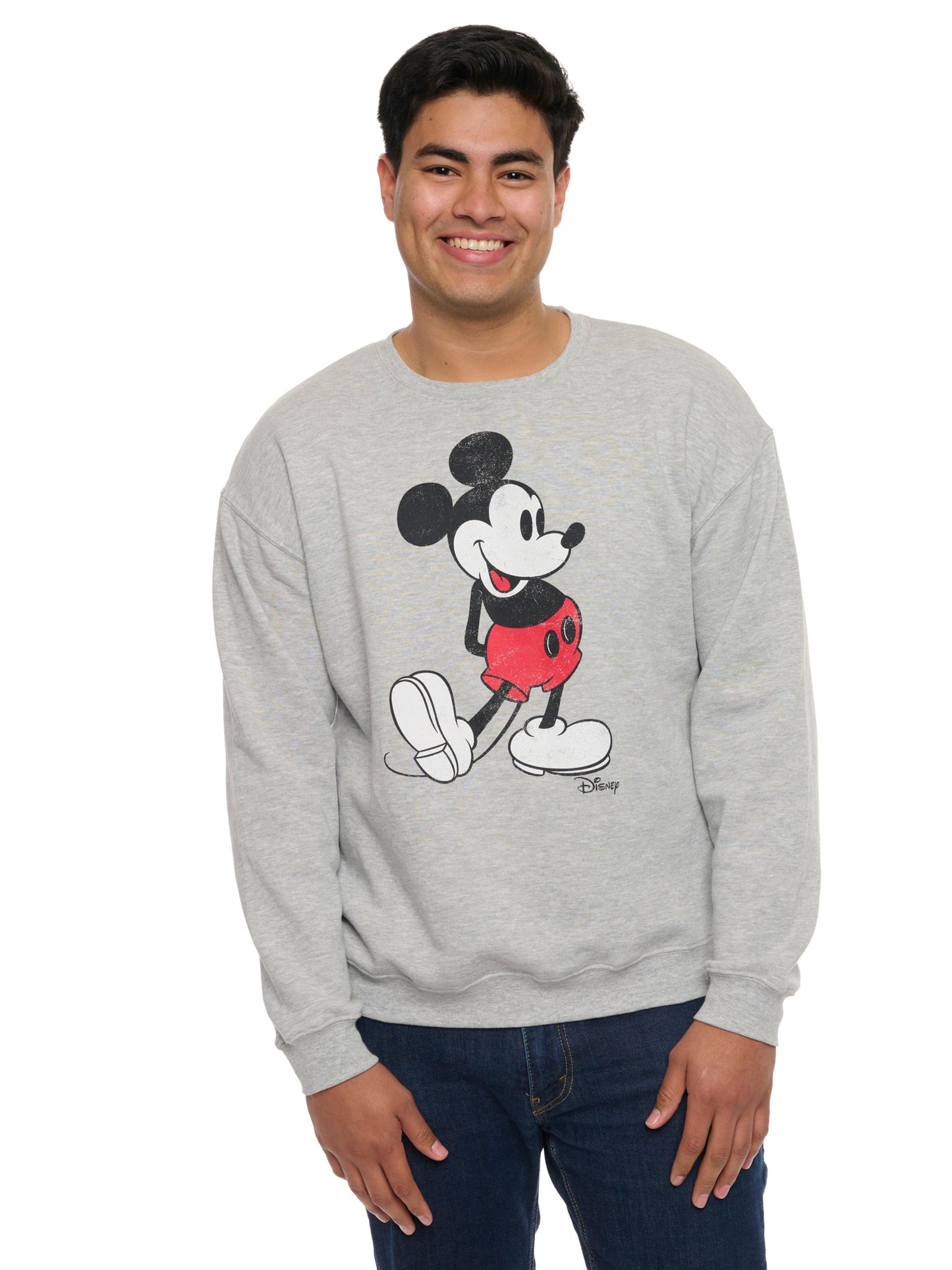 Men's Disney Mickey Mouse Crew Neck Sweatshirt Gray Distressed Classic Print