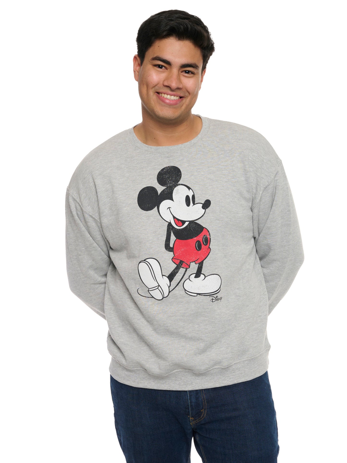 Men's Disney Mickey Mouse Crew Neck Sweatshirt Gray Distressed Classic Print