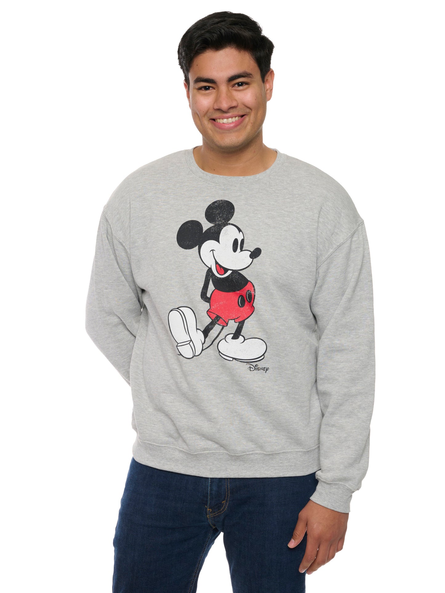 Men's Disney Mickey Mouse Crew Neck Sweatshirt Gray Distressed Classic Print
