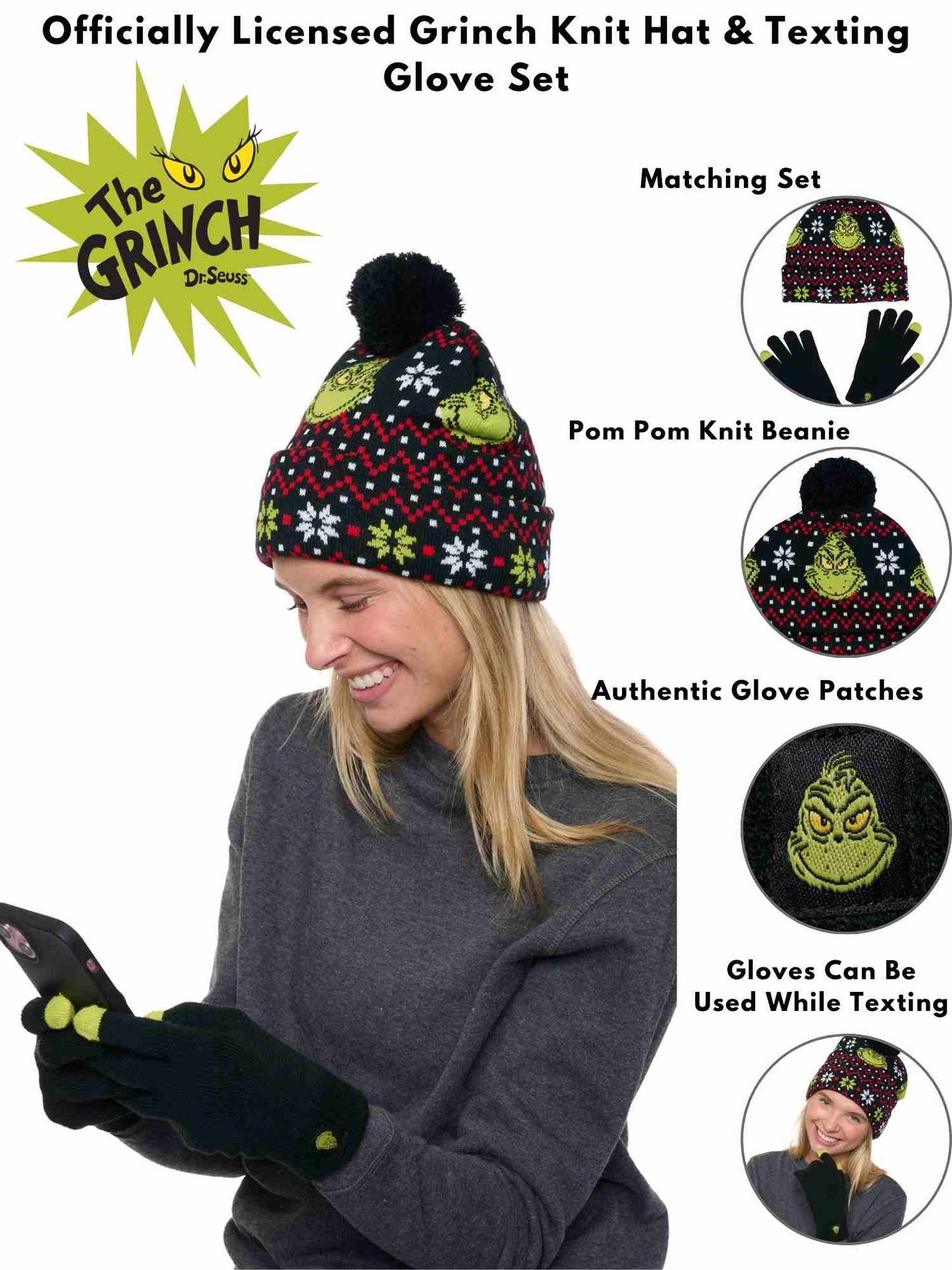Dr Seuss Grinch Beanie Hat & Touch Screen Gloves Women's Men's Knit Christmas