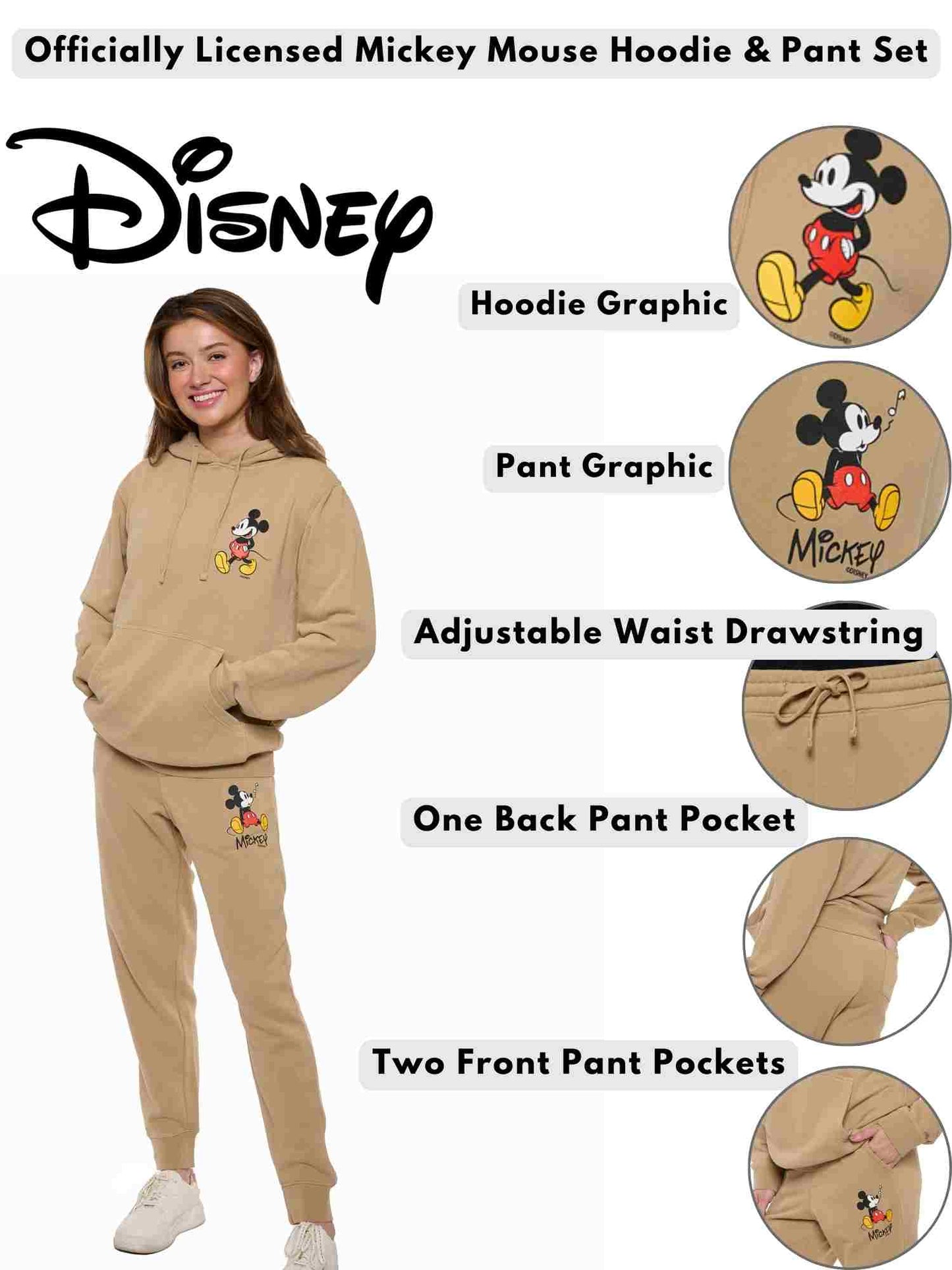 Women's Mickey Mouse Hoodie & Pants 2-Piece Set Mineral Wash Sand (Size Large)