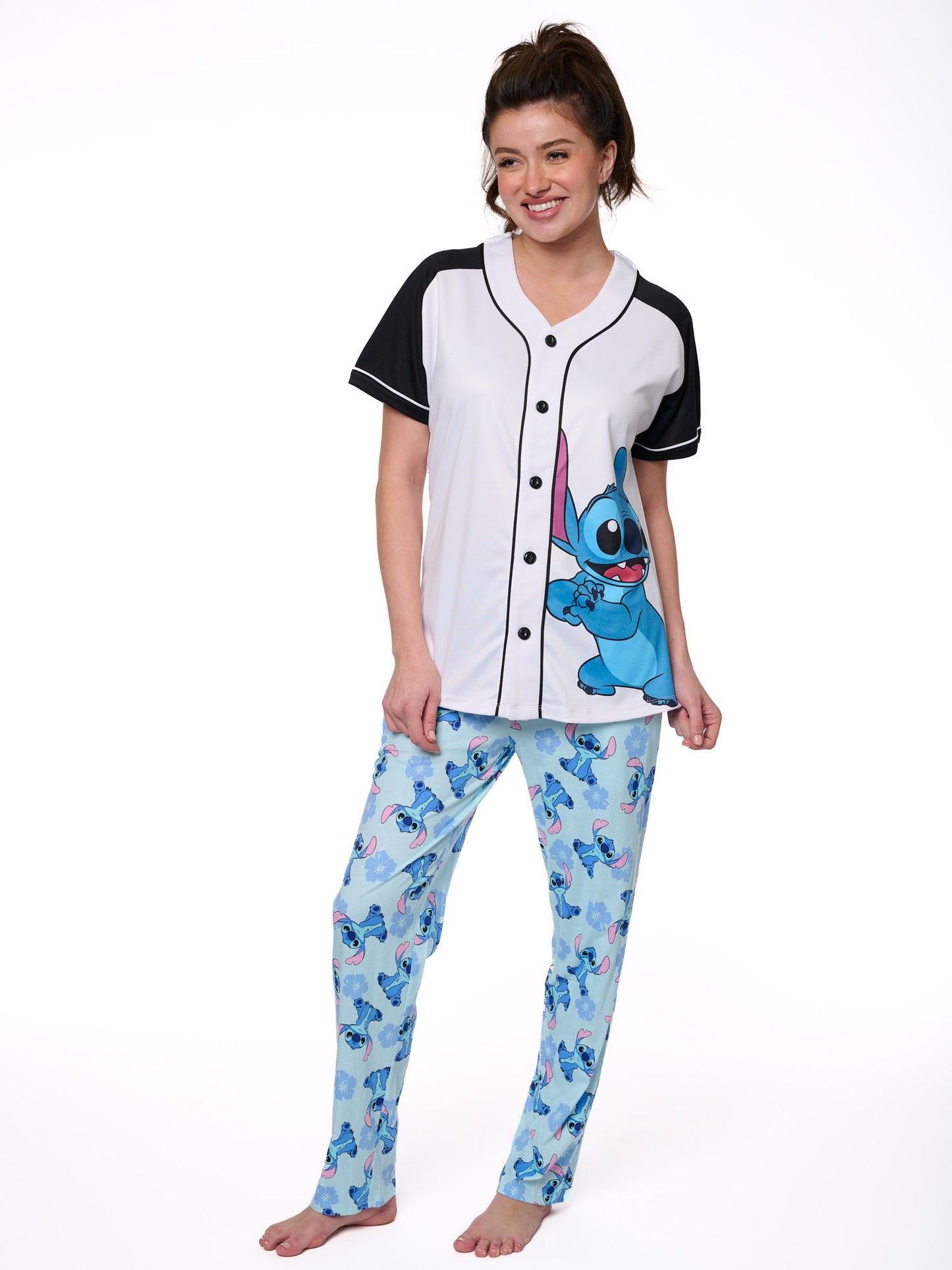 Women's Stitch Baseball Jersey Button Shirt & Disney Lounge Pants Set