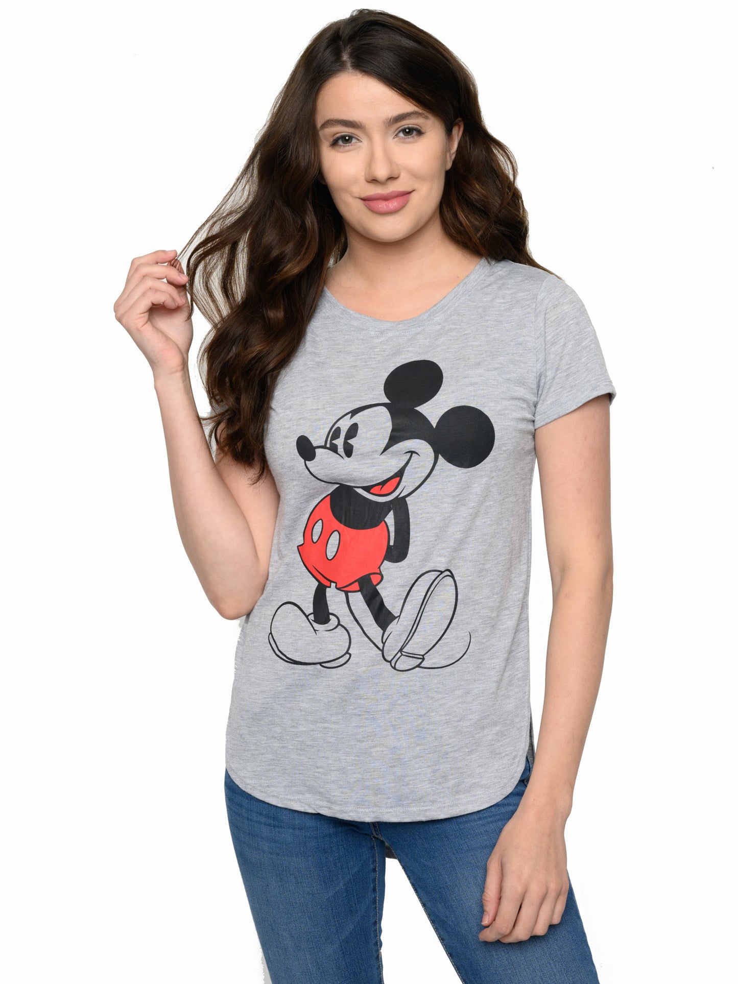 Womens Disney Classic Mickey Mouse Hi-Low Hem T-Shirt Heather Gray Junior Sizes