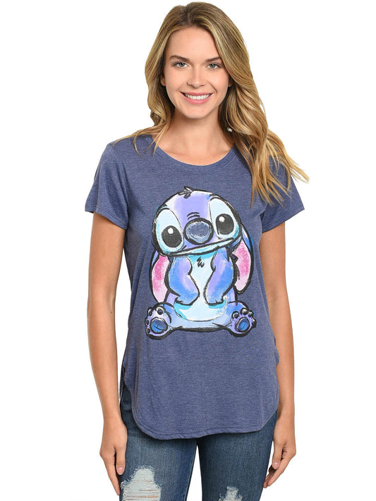 Juniors Disney Stitch T-Shirt Short Sleeve Hi-Low Heather Blue (Size Small Only)