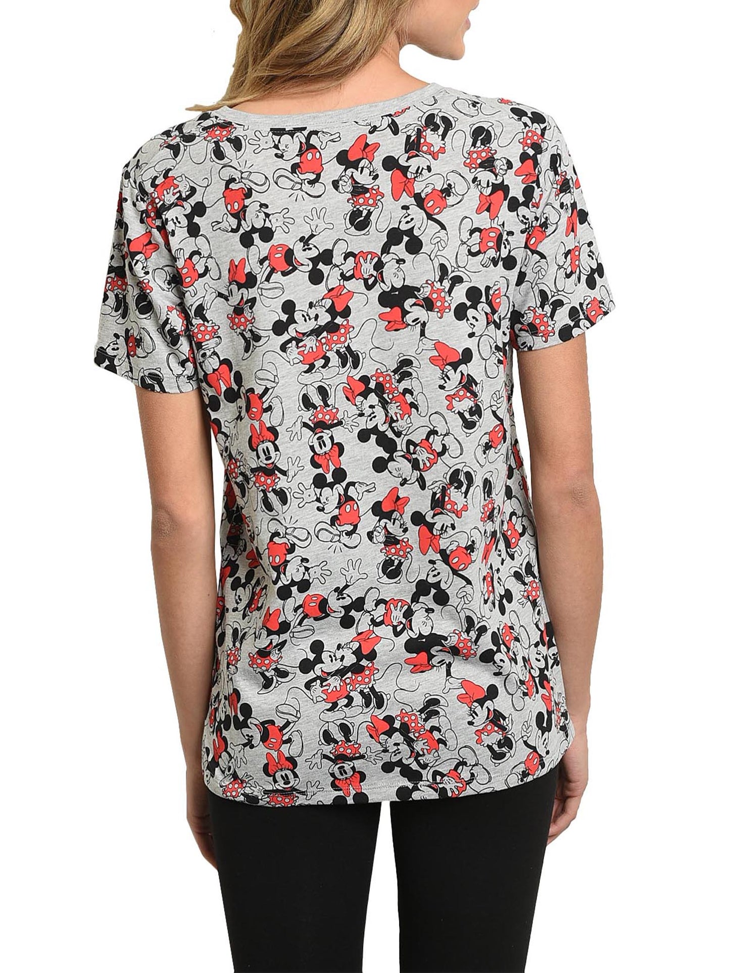 Mickey & Minnie Mouse T-Shirt All Over Print Short Sleeve Gray, Womens