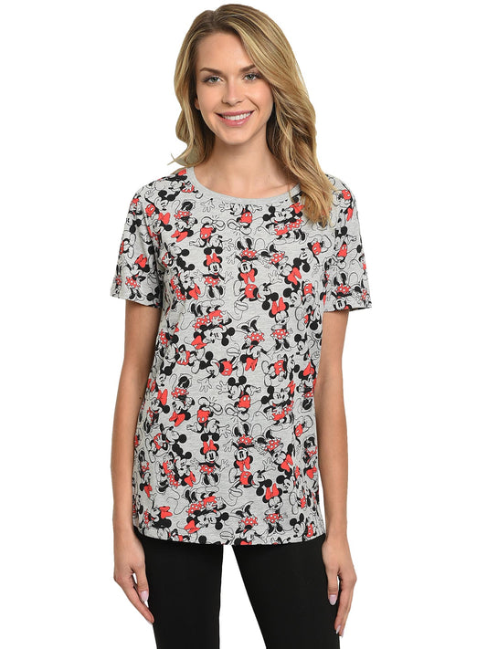 Mickey & Minnie Mouse T-Shirt All Over Print Short Sleeve Gray, Womens