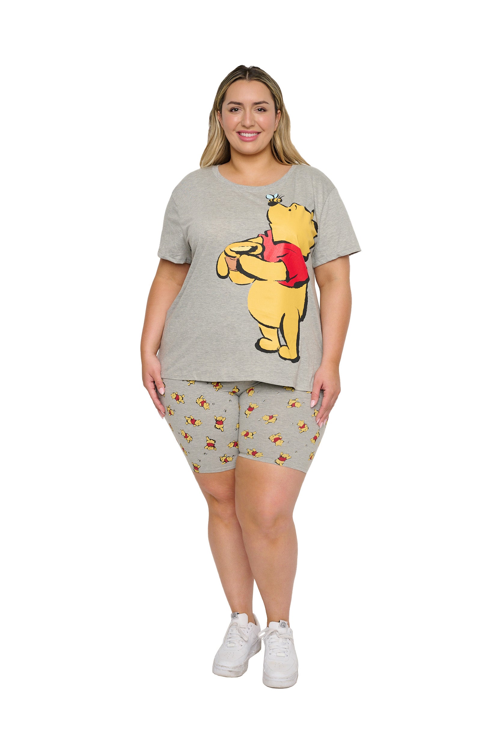 Womens Plus Size Disney Winnie The Pooh T-Shirt Bike Shorts 2Pc Set (1X Only)