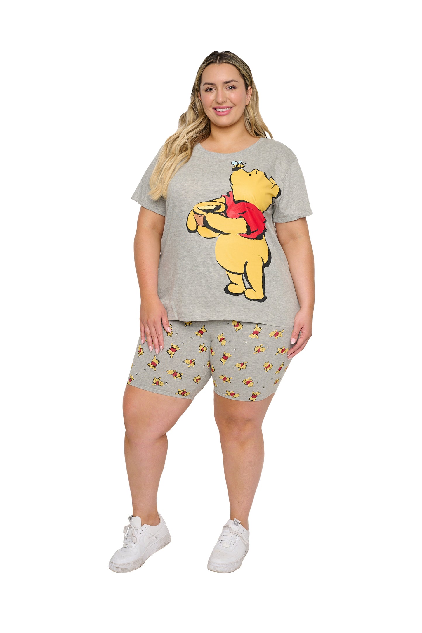 Womens Plus Size Disney Winnie The Pooh T-Shirt & Bike Shorts 2Pc Set (1X Only)