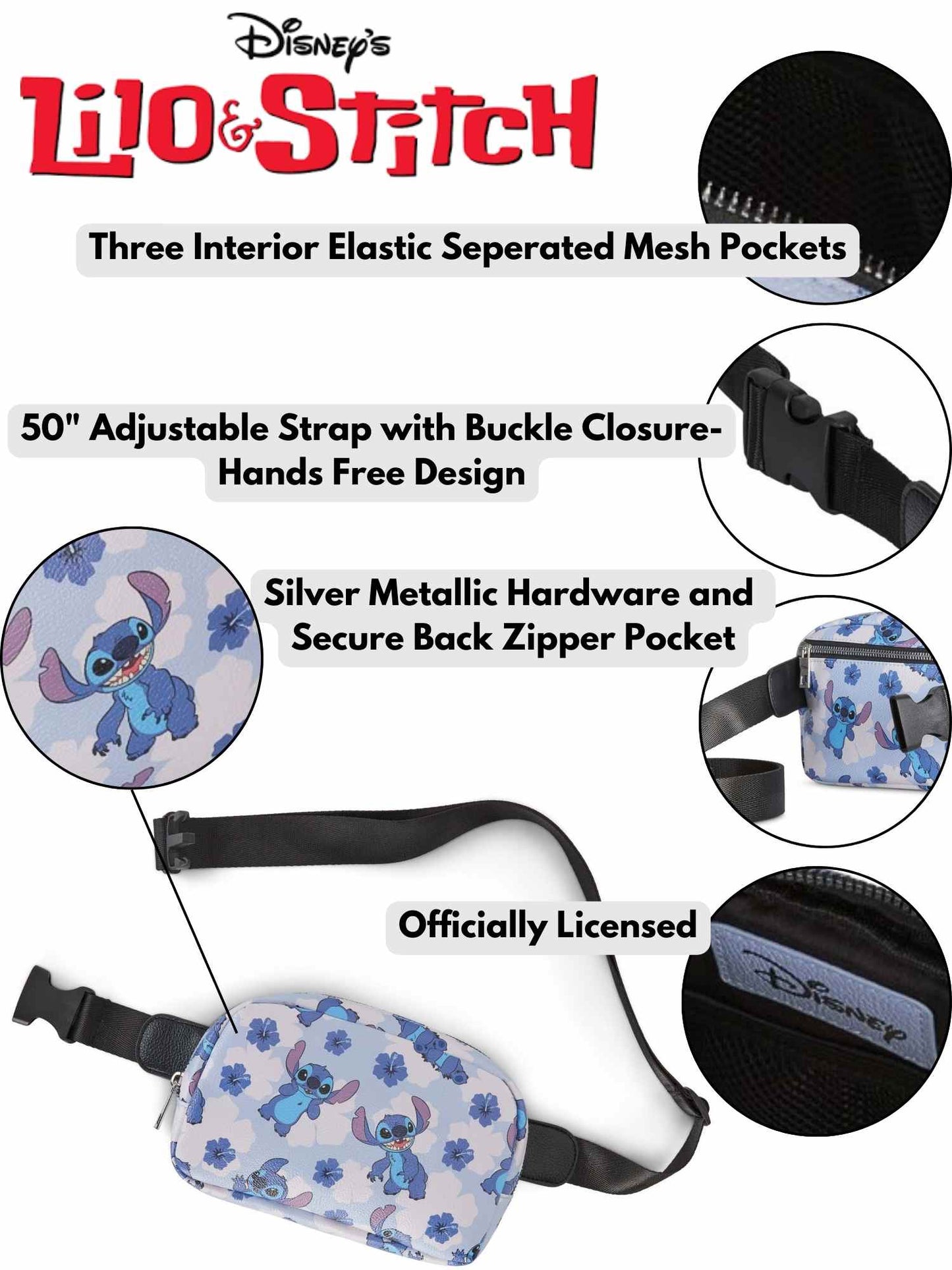 Disney Stitch Belt Bag Crossbody Fanny Pack Waist Bag Women's Floral Print Blue