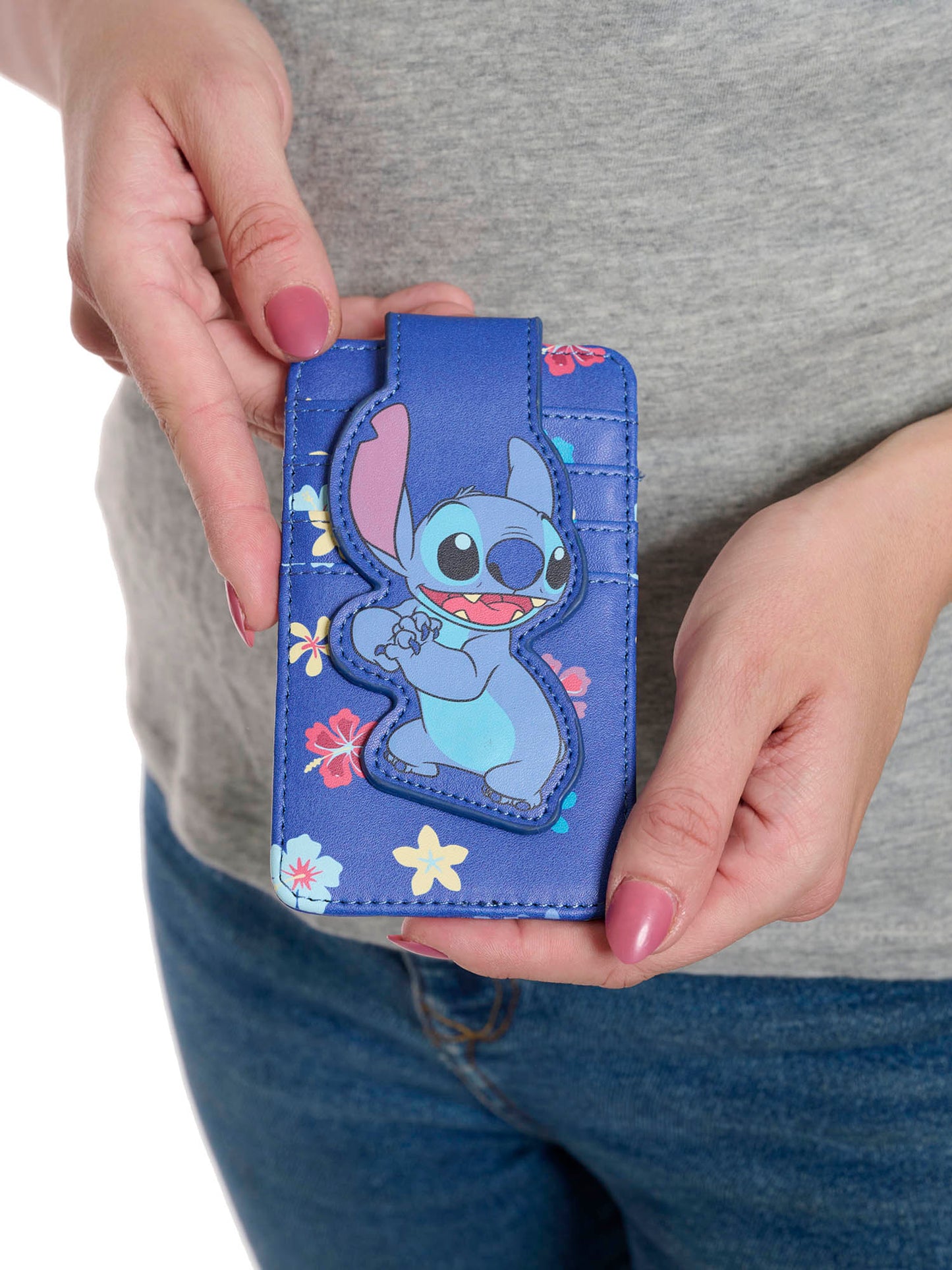 Womens Disney Stitch Card Holder Wallet Hawaiian Flowers Button Snap Closure