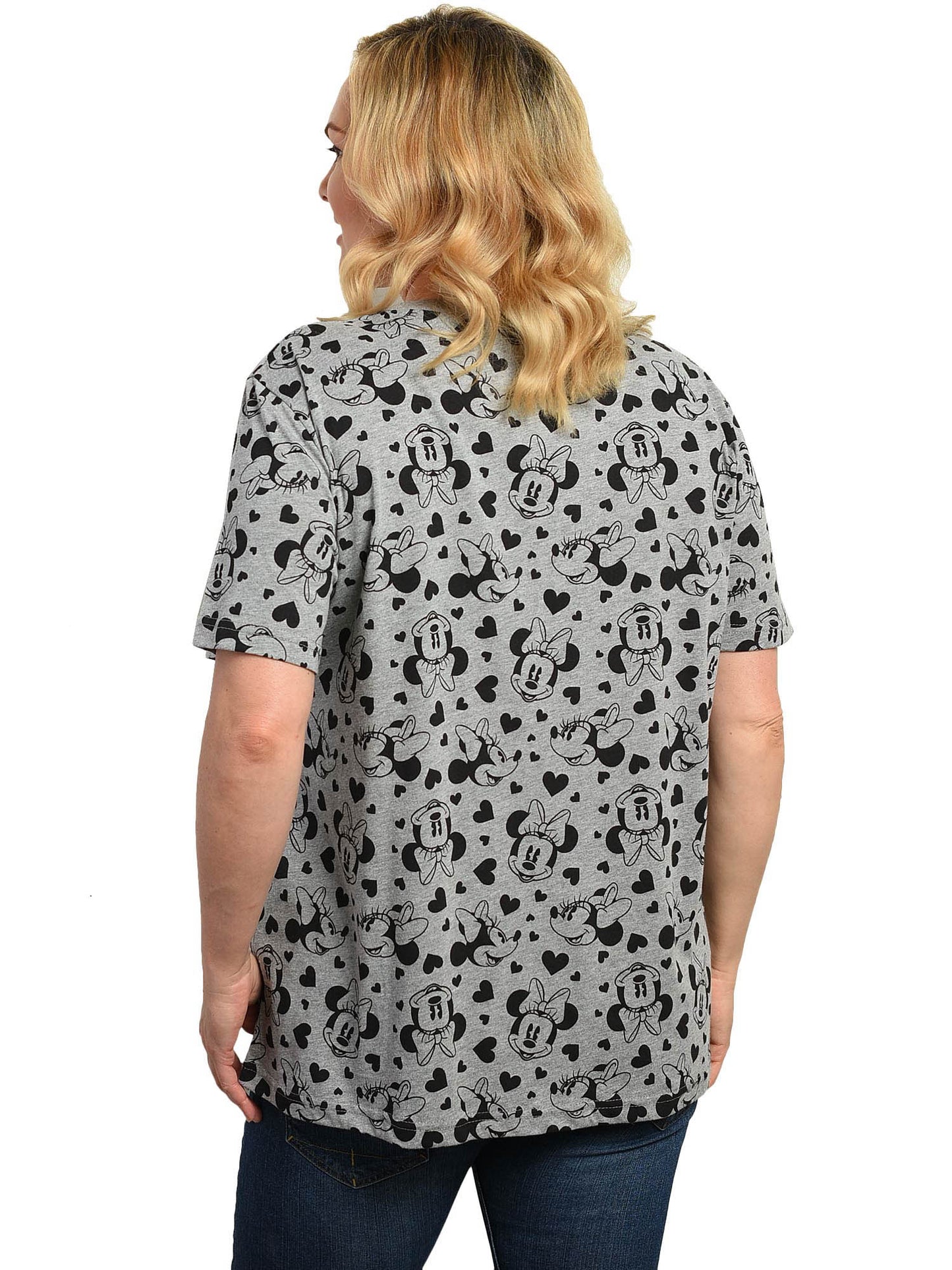 Disney Women's Plus Size Minnie Mouse T-Shirt Gray Tee Hearts All-Over Print