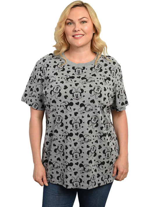 Disney Women's Plus Size Minnie Mouse T-Shirt Gray Tee Hearts All-Over Print