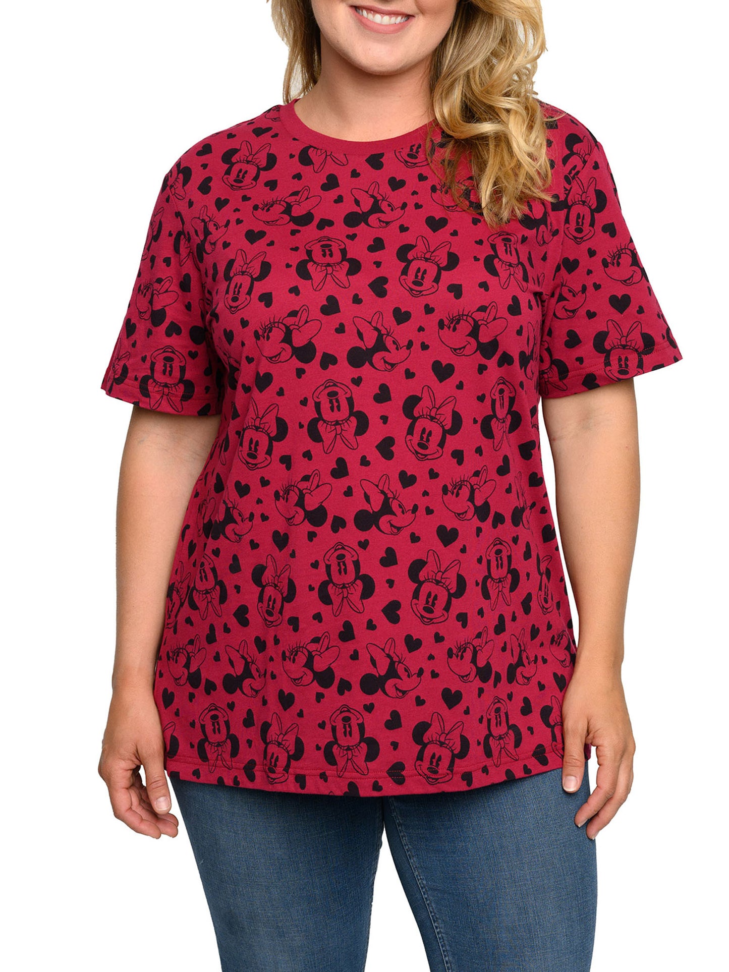 Women's Plus Size Minnie Mouse T-Shirt Hearts All-Over Hearts Print Red Tee
