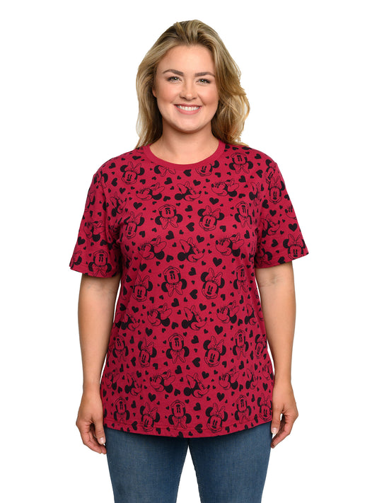 Women's Plus Size Minnie Mouse T-Shirt Hearts All-Over Hearts Print Red Tee