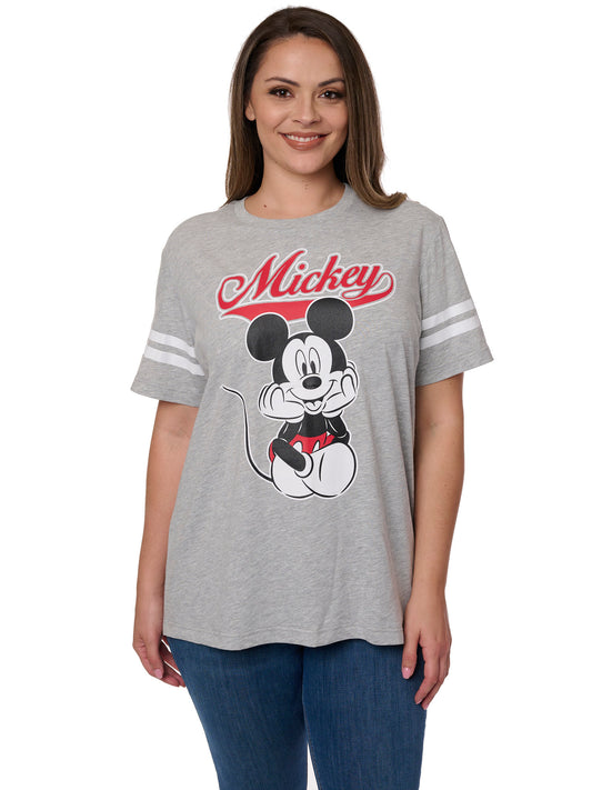 Women's Plus Size Disney T-Shirt Mickey Mouse Striped Sleeve Varsity Gray