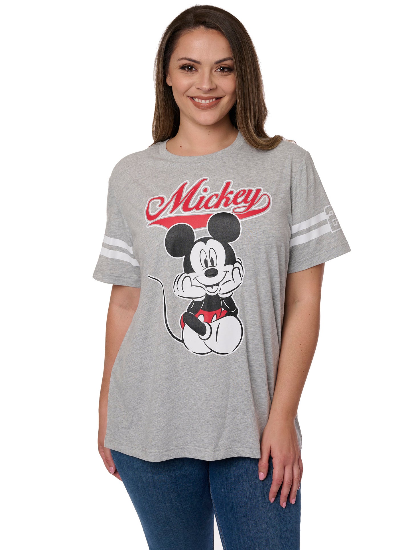 Women's Plus Size Disney T-Shirt Mickey Mouse Striped Sleeve Varsity Gray