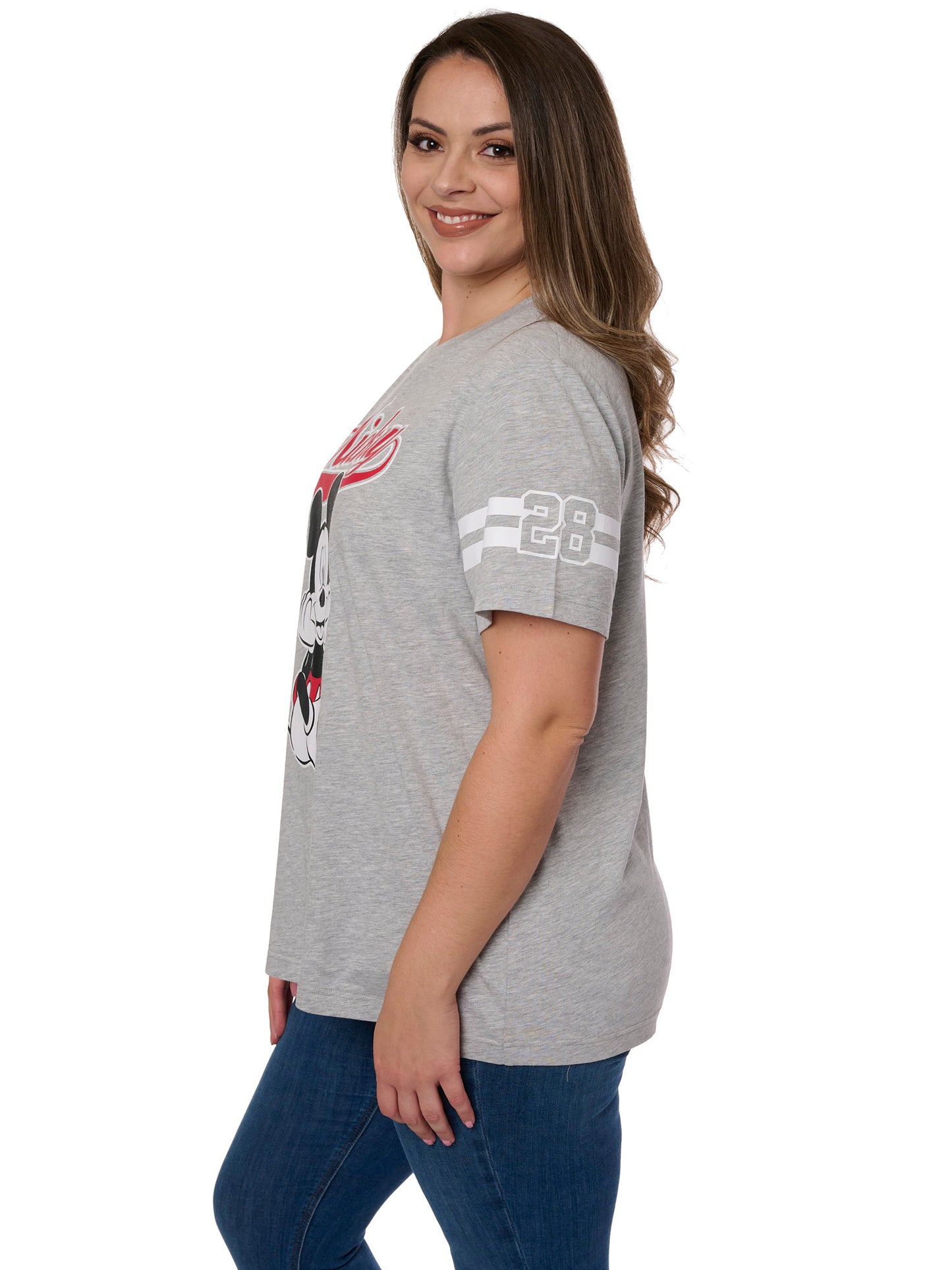 Women's Plus Size Disney T-Shirt Mickey Mouse Striped Sleeve Varsity Gray