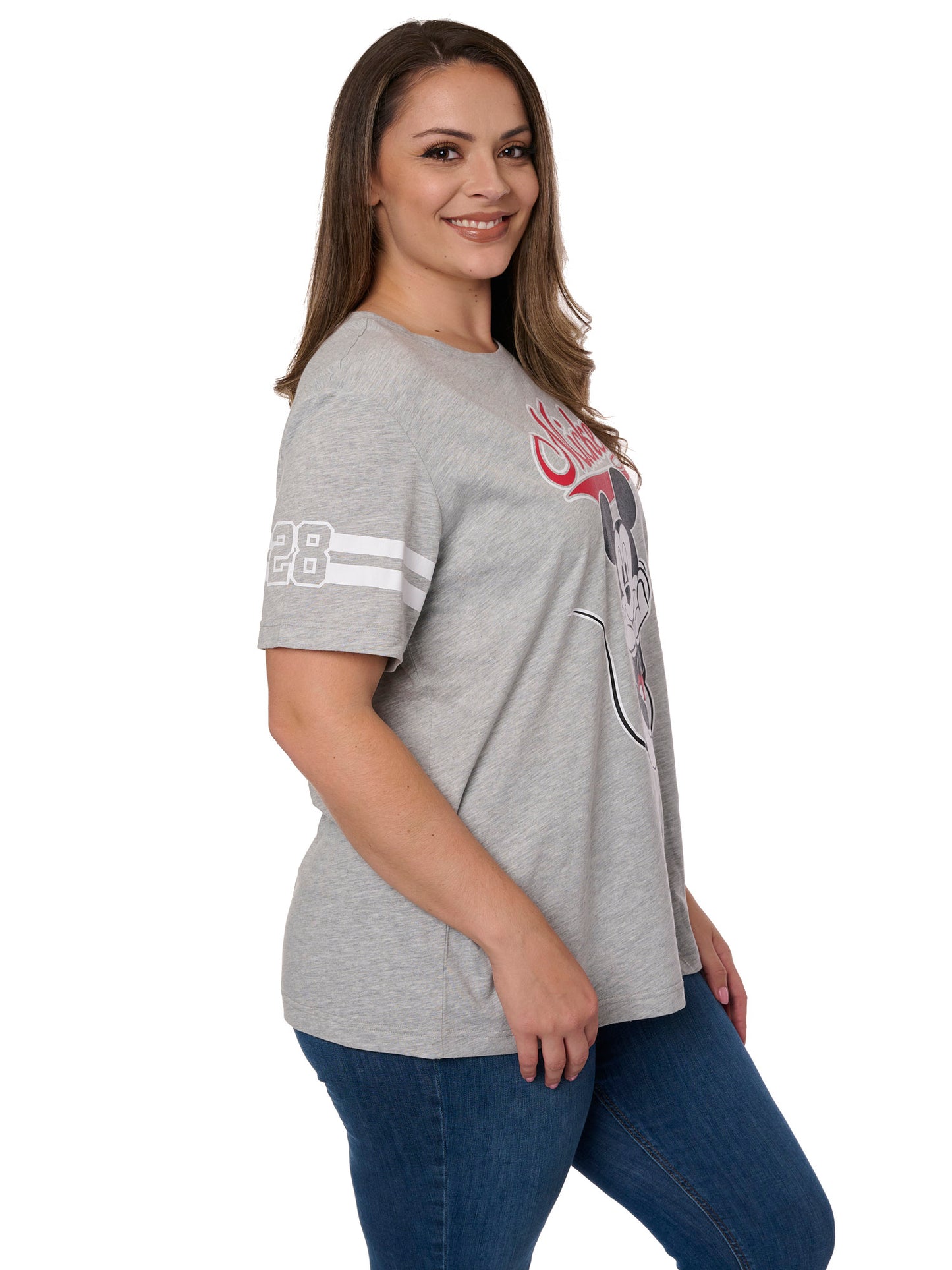 Women's Plus Size Disney T-Shirt Mickey Mouse Striped Sleeve Varsity Gray