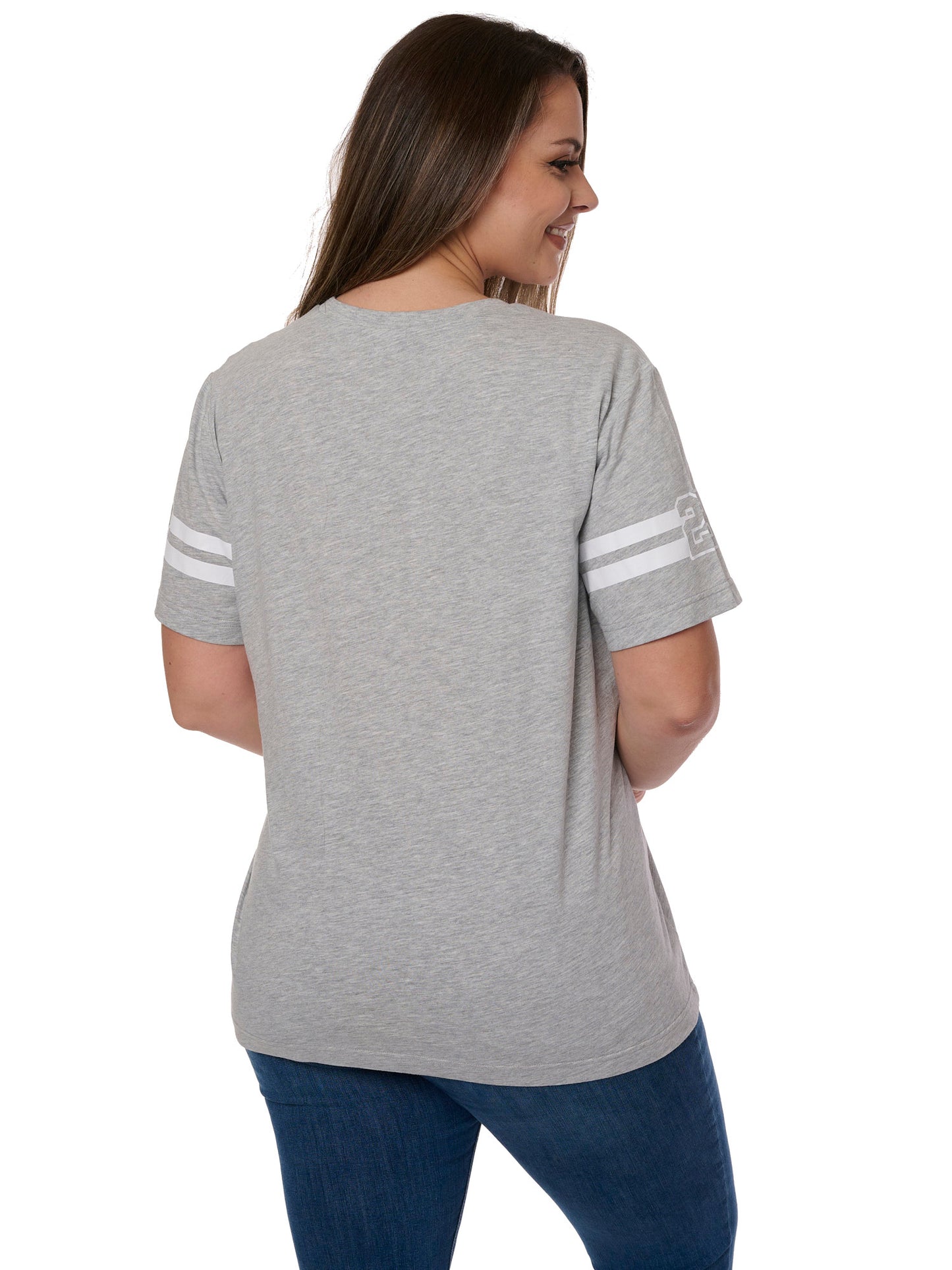 Women's Plus Size Disney T-Shirt Mickey Mouse Striped Sleeve Varsity Gray