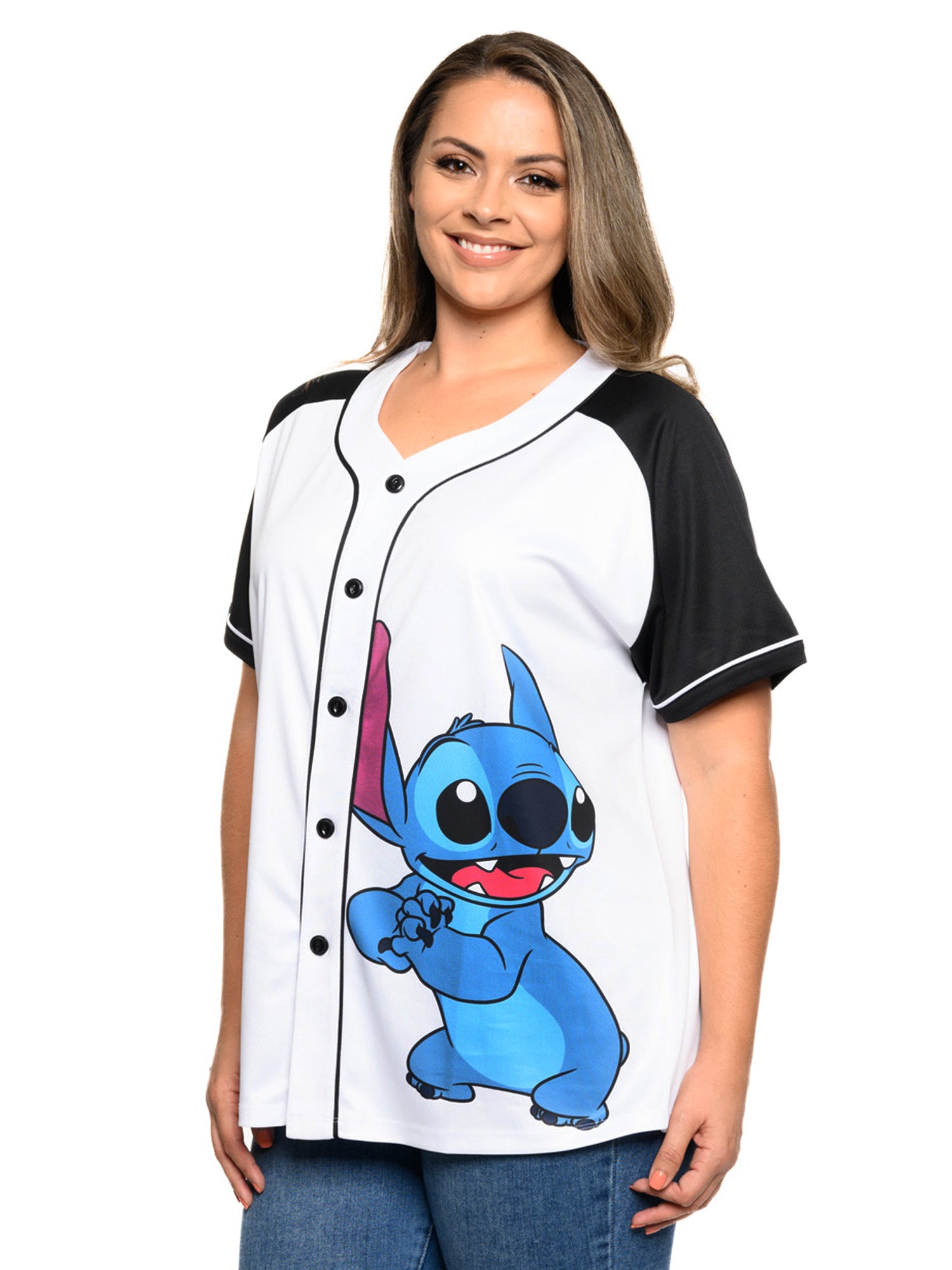 Disney Stitch Baseball Jersey Button Down Shirt White Women's Plus