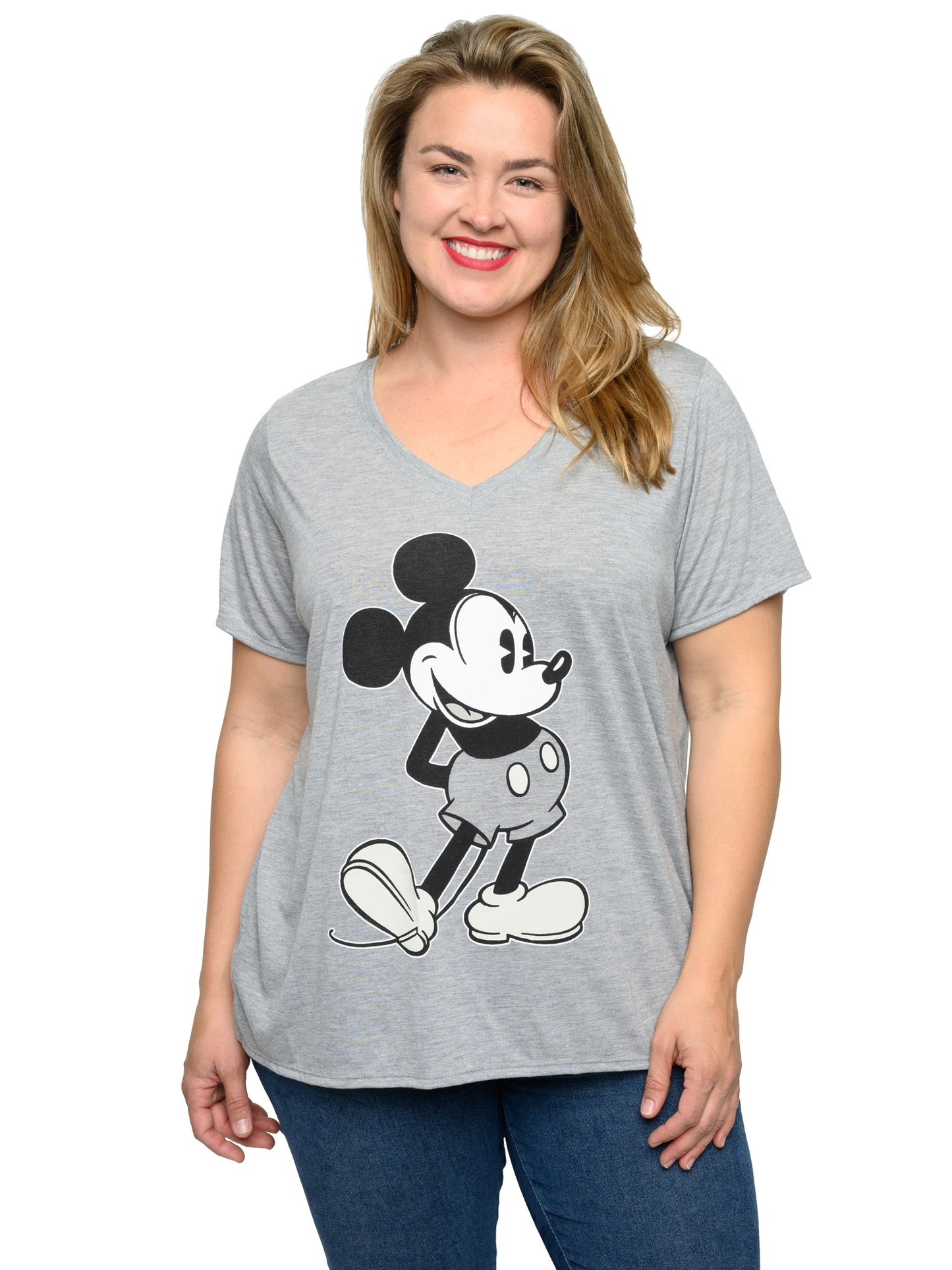 Mickey Mouse V-Neck T-Shirt Women's Plus Size Retro Vintage Gray