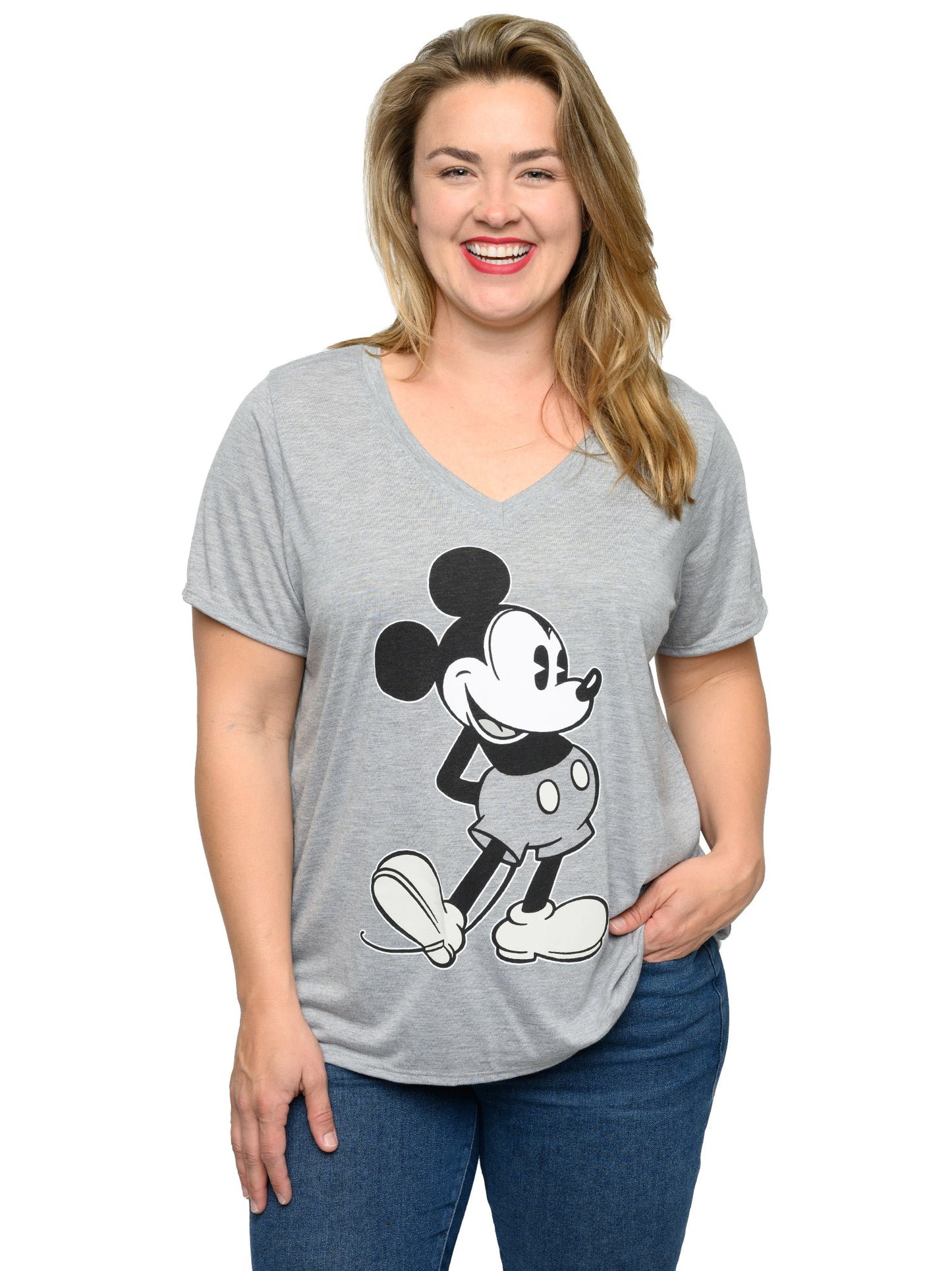 Mickey Mouse V-Neck T-Shirt Women's Plus Size Retro Vintage Gray