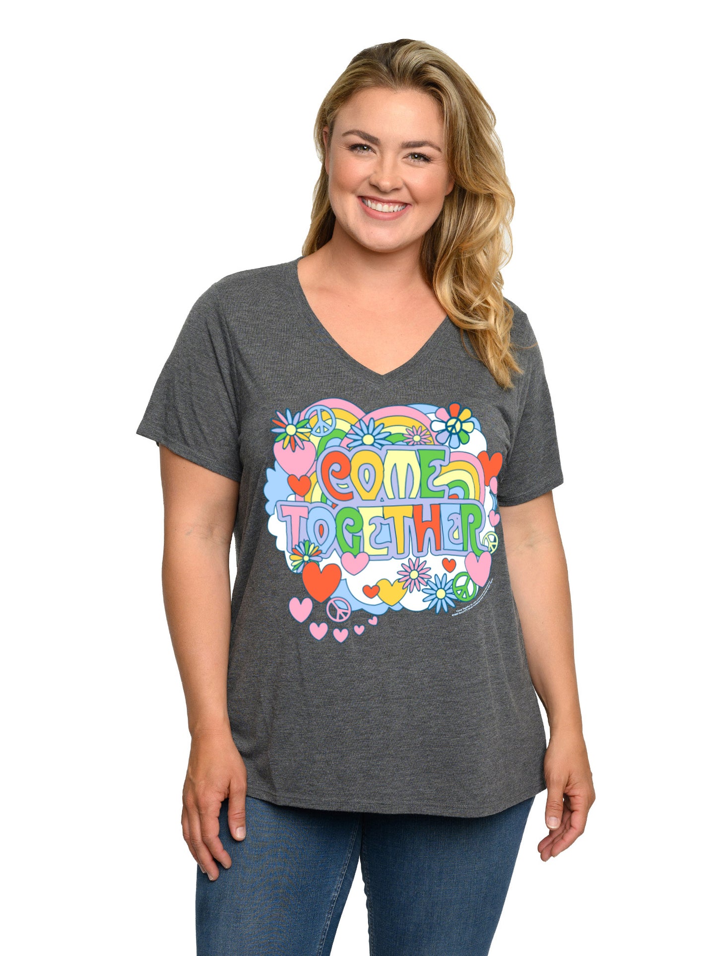 Plus Size Women's Beatles T-Shirt Come Together V-Neck Band Tee Charcoal Gray