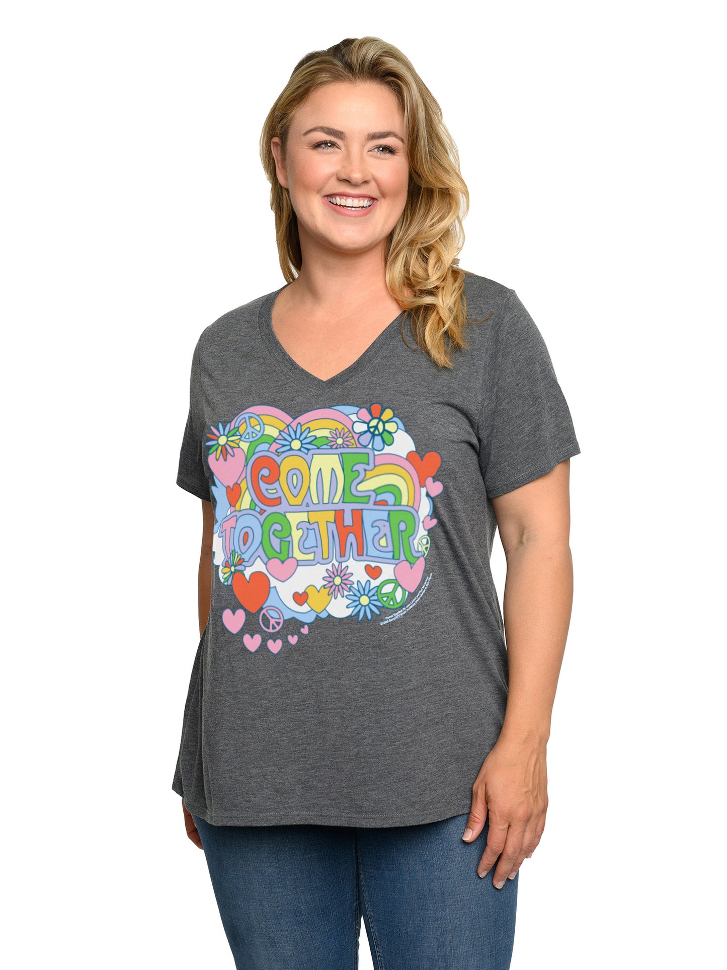 Plus Size Women's Beatles T-Shirt Come Together V-Neck Band Tee Charcoal Gray