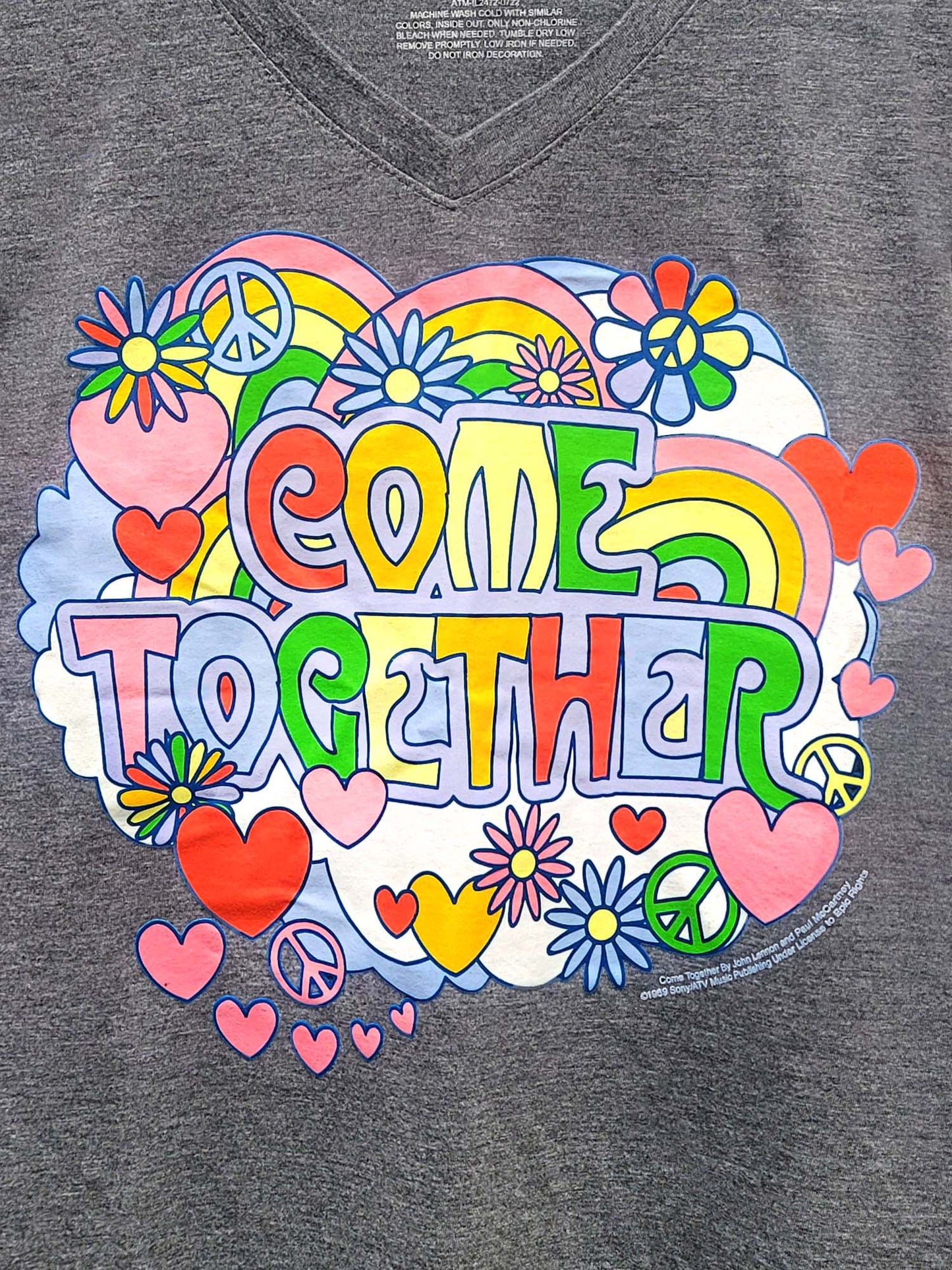 Plus Size Women's Beatles T-Shirt Come Together V-Neck Band Tee Charcoal Gray