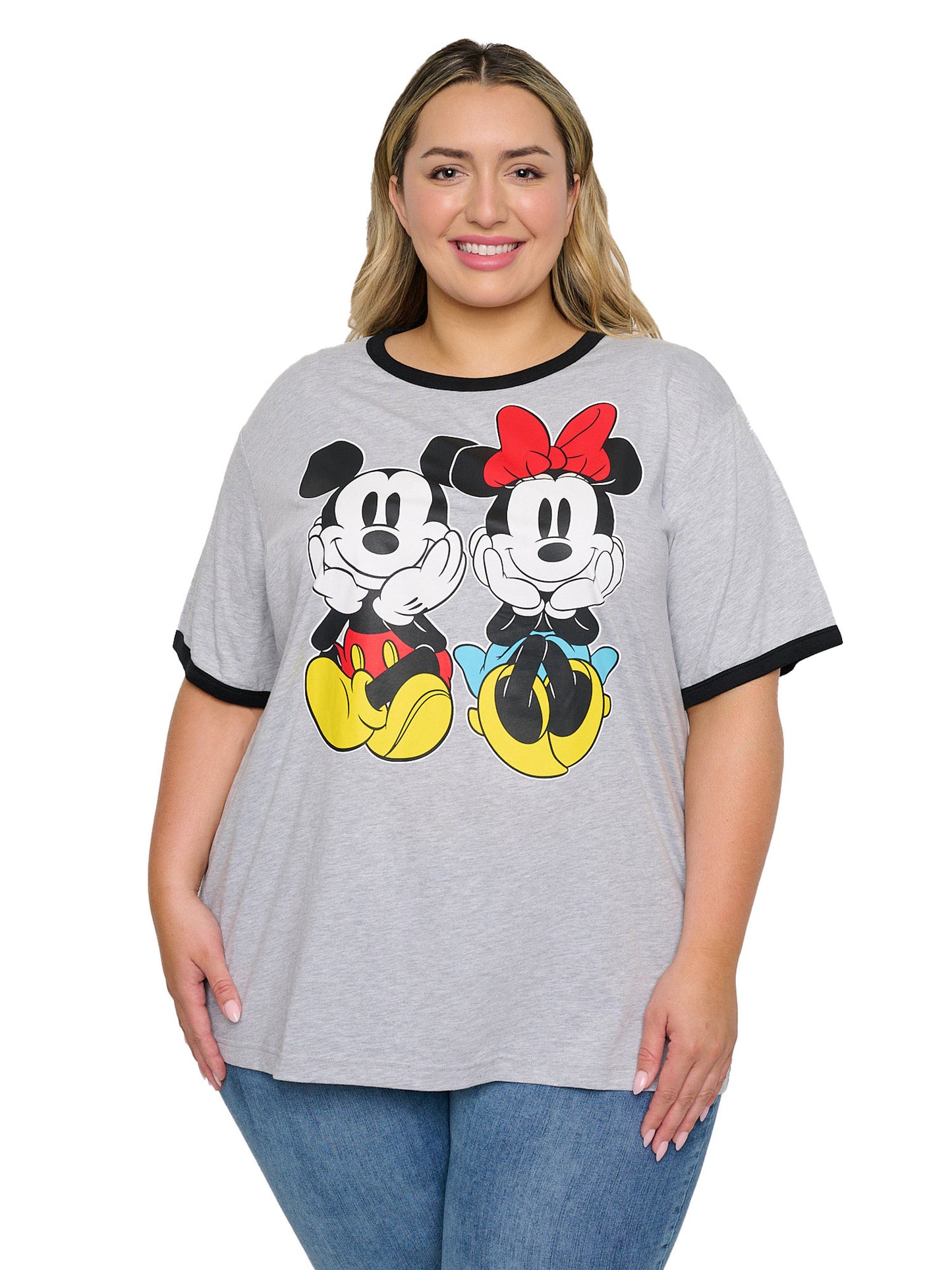 Disney Women's Plus Size Mickey Minnie Mouse T-Shirt Gray Ringer