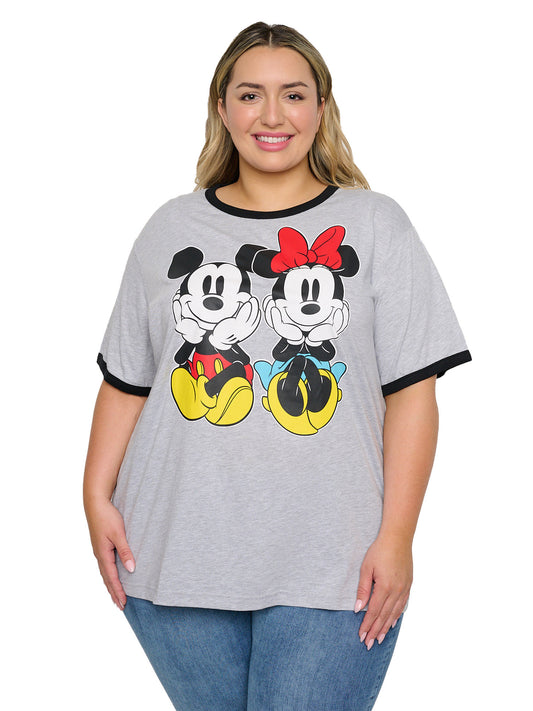 Disney Women's Plus Size Mickey Minnie Mouse T-Shirt Gray Ringer