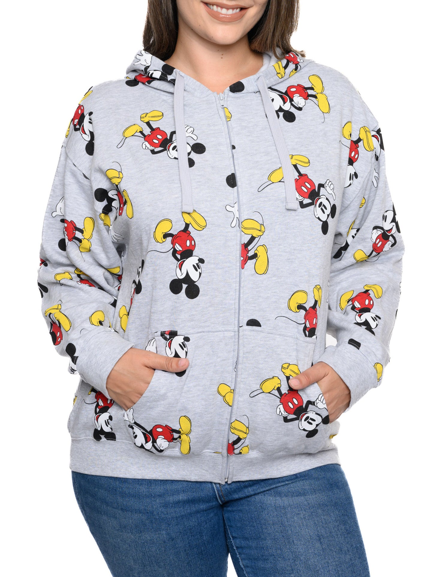 Disney Women's Plus Mickey Mouse Sweatshirt Hoodie Zippered All-Over Print Gray