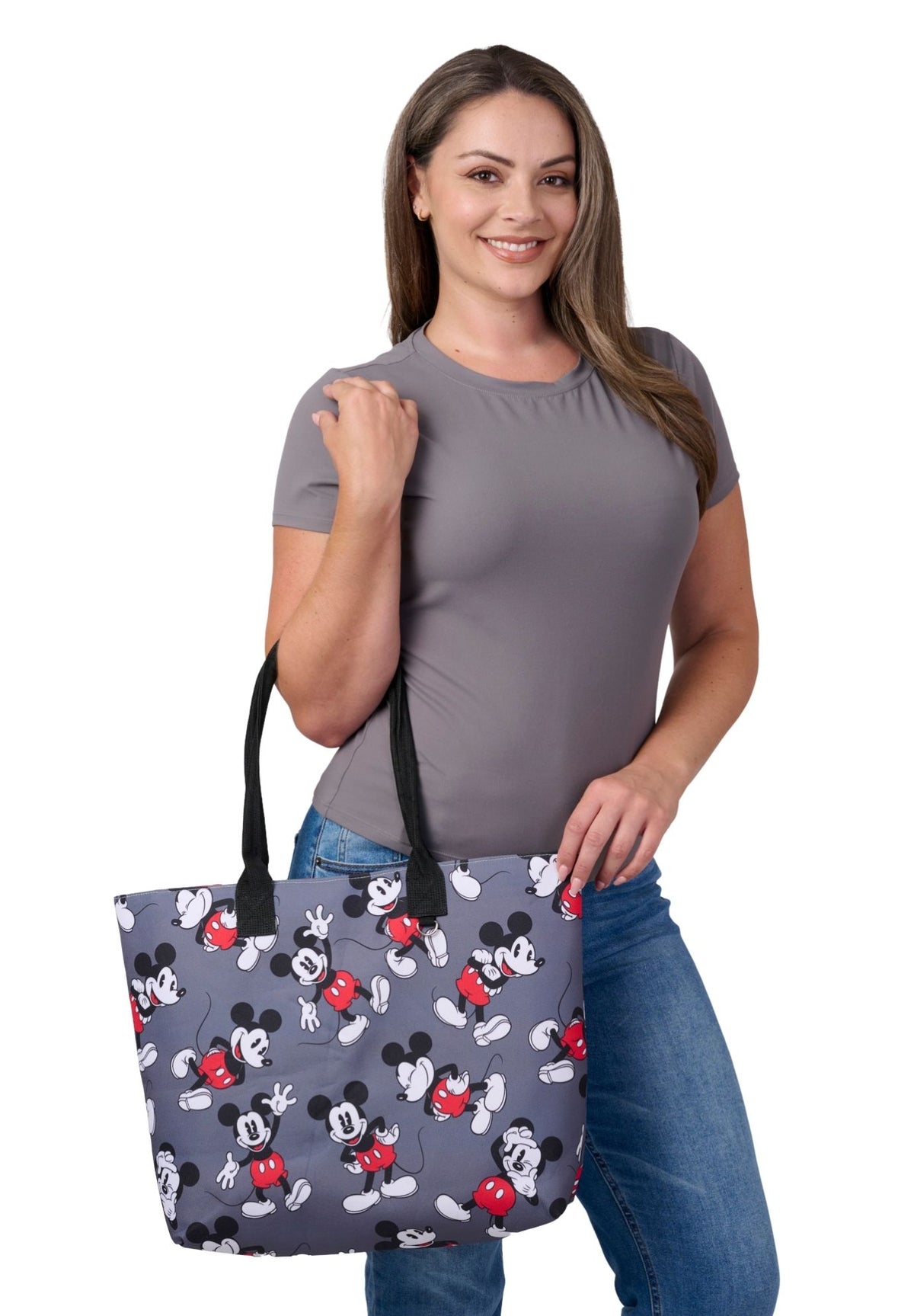 Disney Mickey Mouse Tote Bag D-Ring Charm Hook Grey Nylon Travel Women's