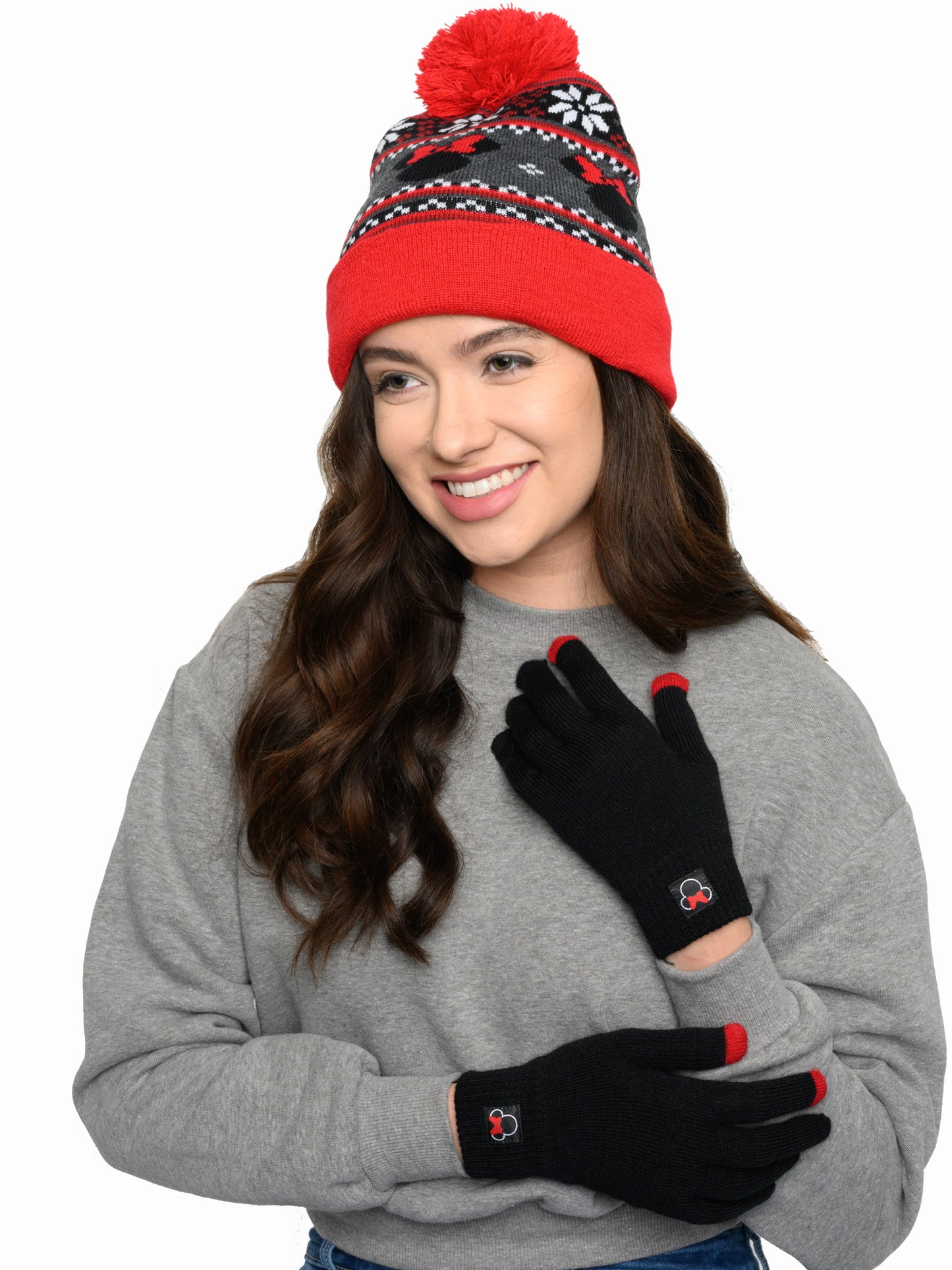 Minnie Mouse Beanie Hat with Gloves Touch Screen Disney Women's Knit Red Set