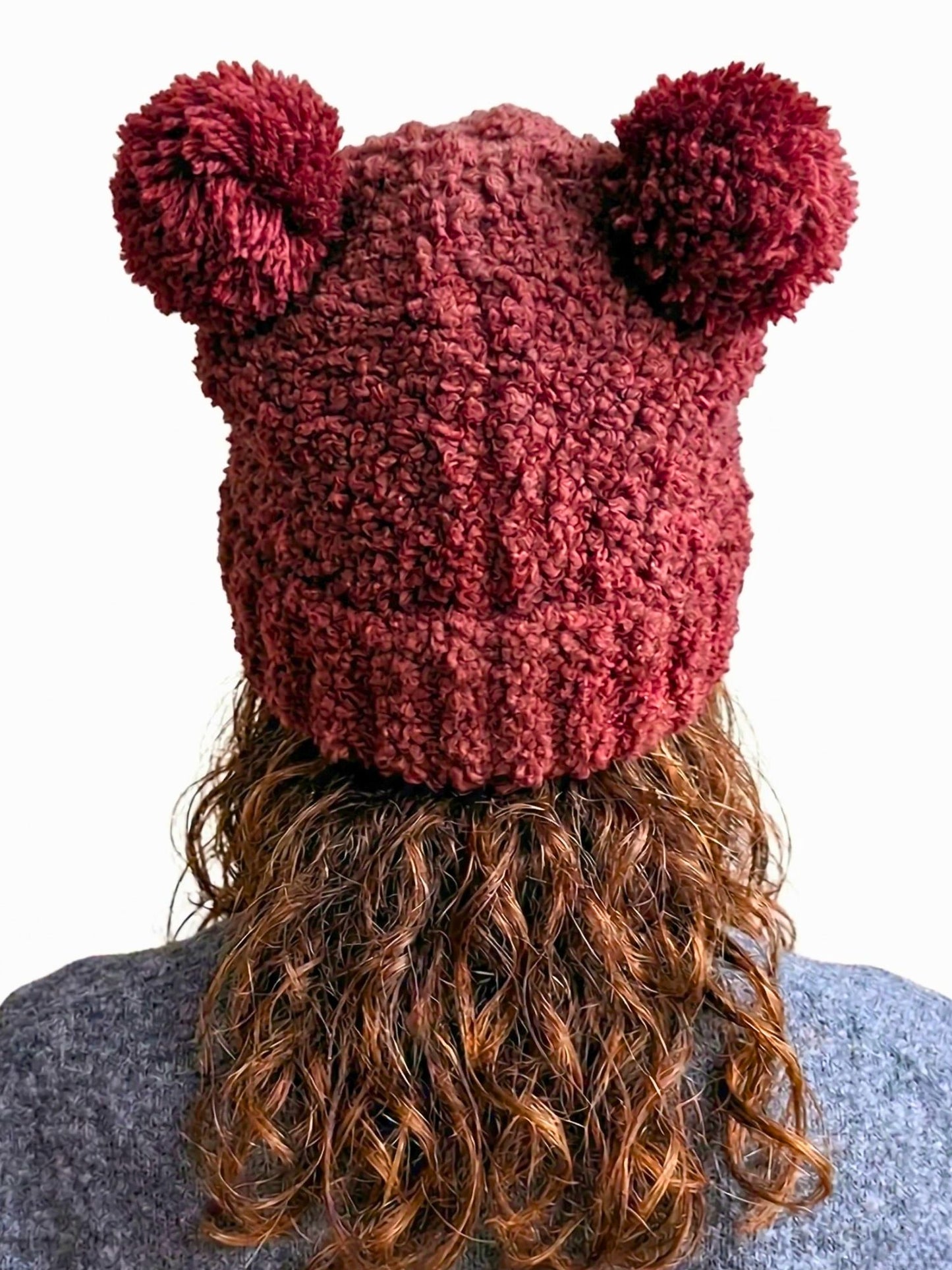 Disney Minnie Mouse Women's Double Pom Beanie Burgundy Fuzzy Knit Winter Hat