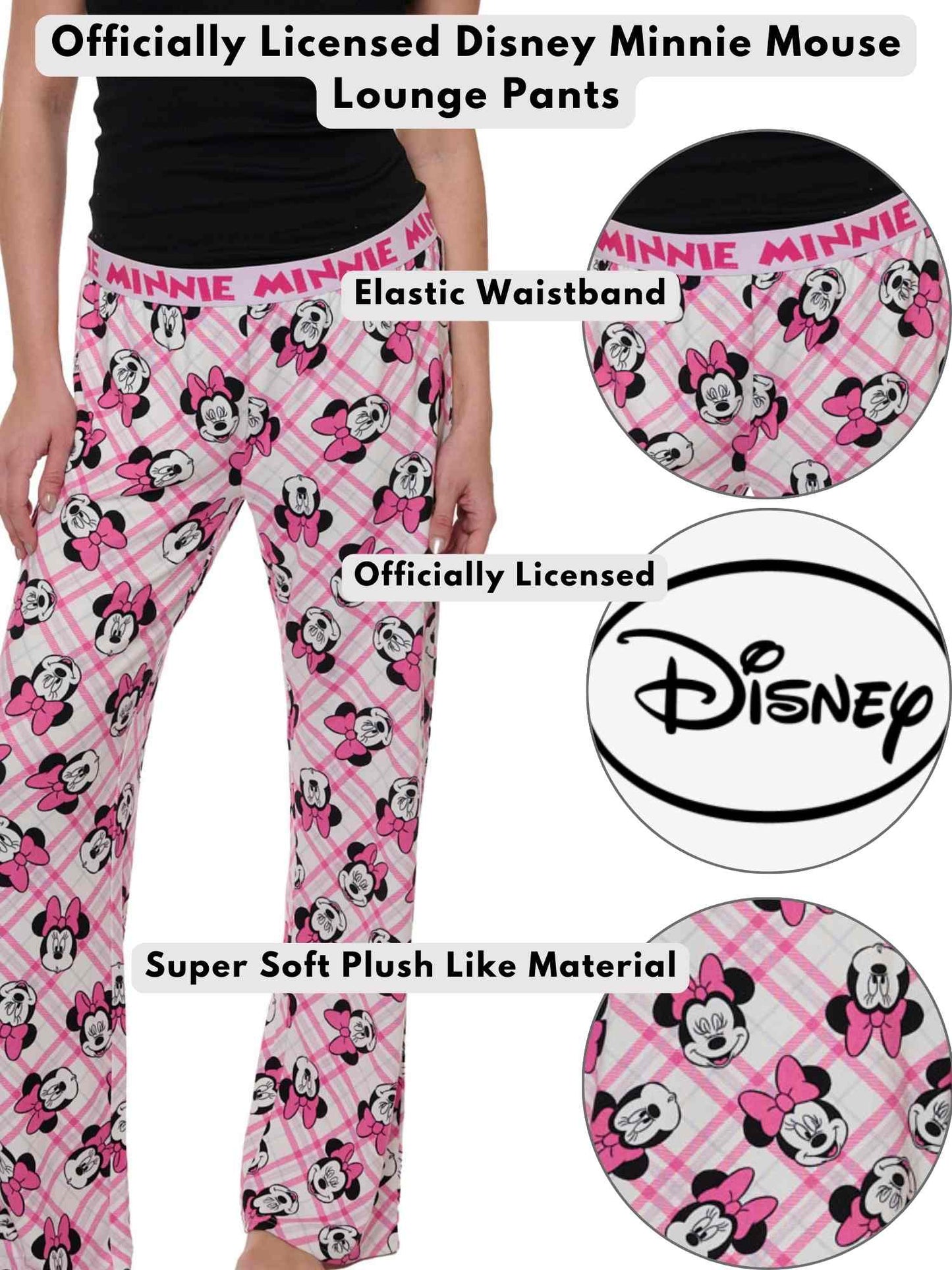 Womens Minnie Mouse Pajama Pants Sleepwear Lounge Pants Pink Elastic Waist Soft