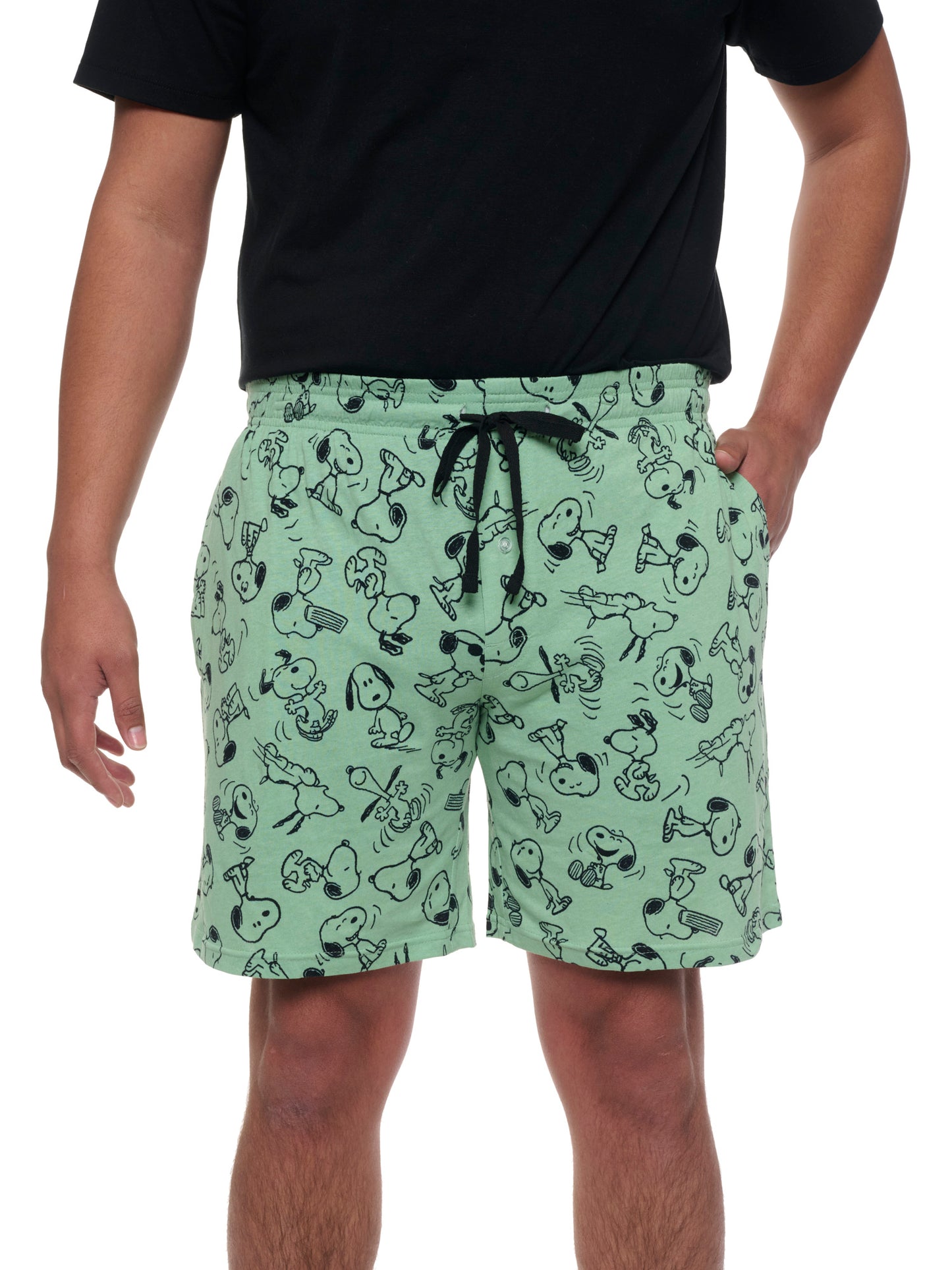 Mens Peanuts Snoopy Pajama Sleep Shorts Pockets Green